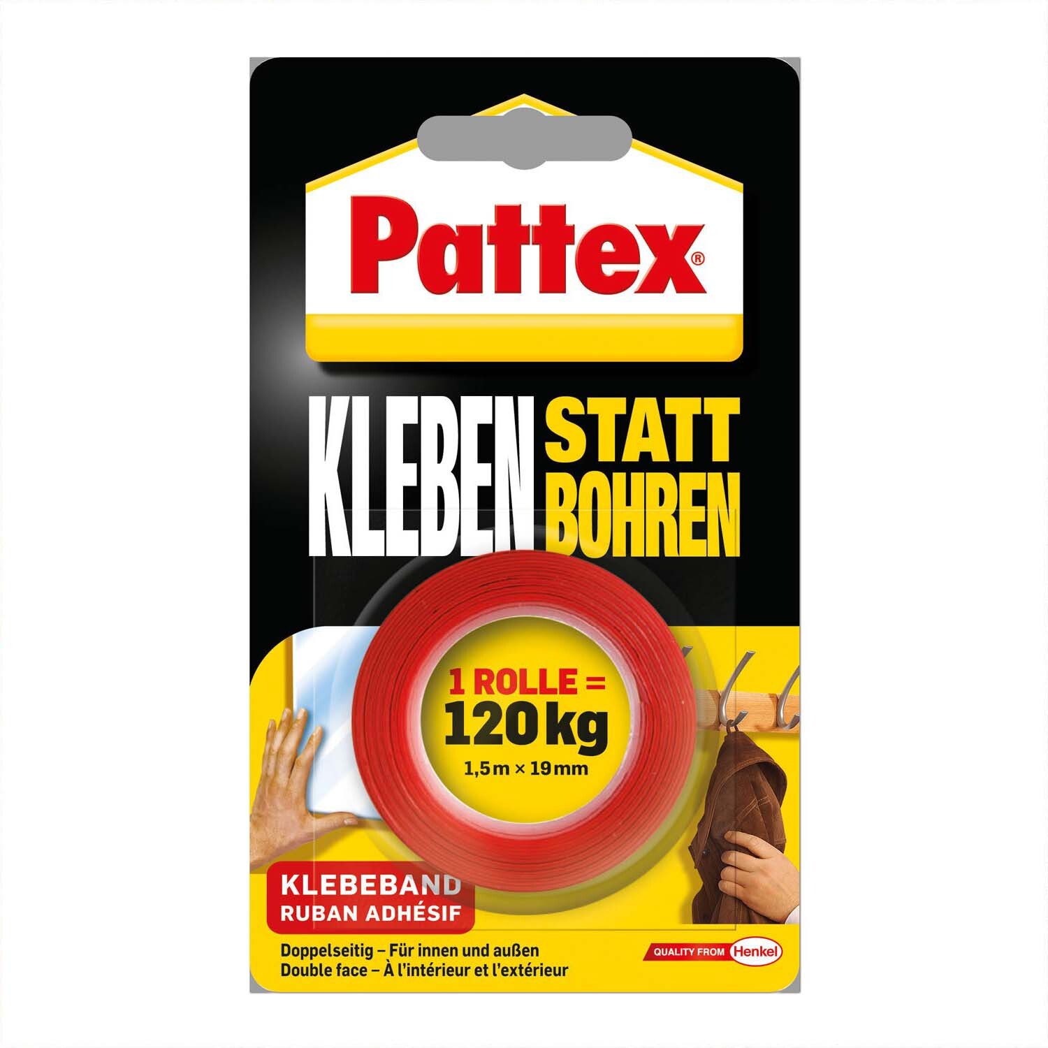 Kleben statt Bohren Klebeband von Pattex, rote Rolle, 1,5m x 19mm, hält bis zu 120kg. Ideal für Innen- und Außenanwendungen.