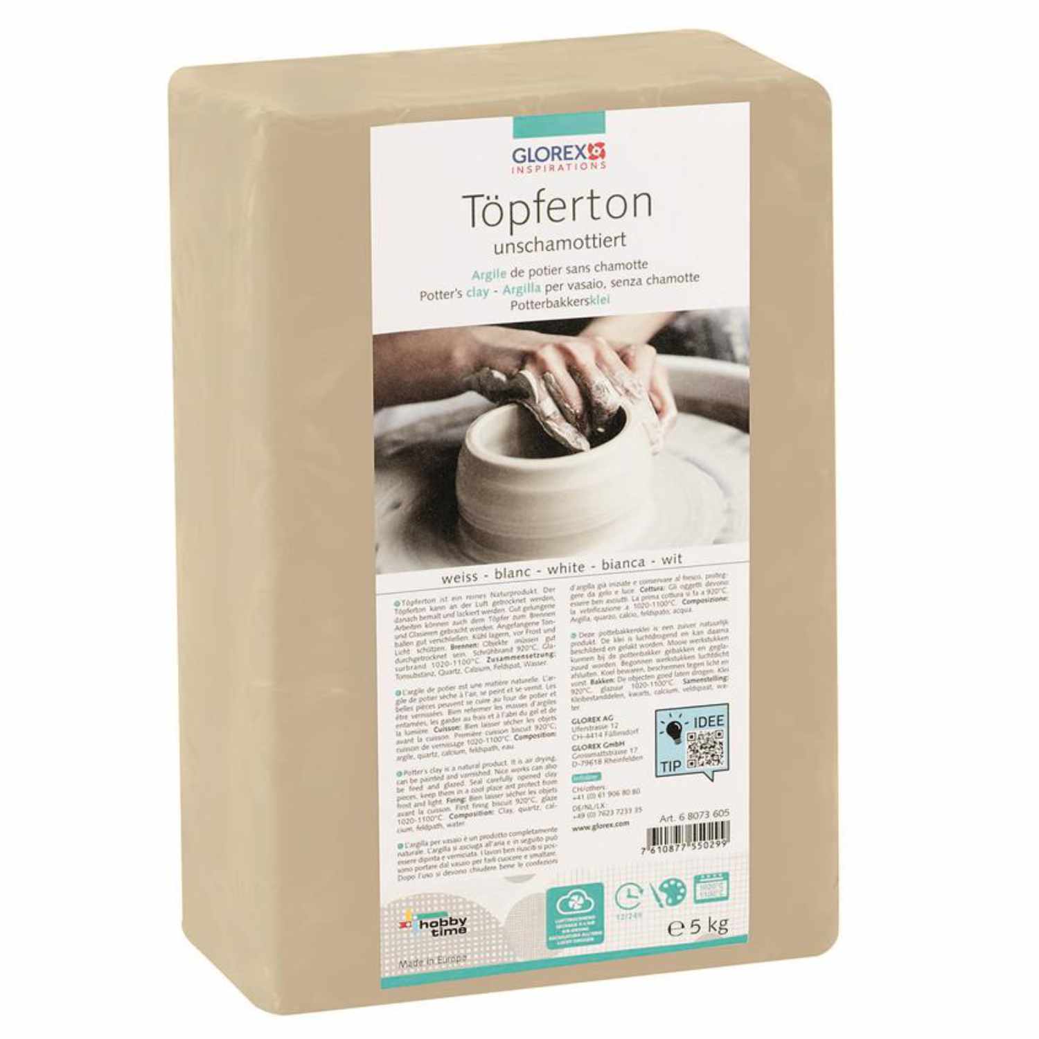 Töpferton unschamottiert 5kg weiß von Glorex, ideal für kreative Keramikprojekte, zeigt Hände beim Töpfern.