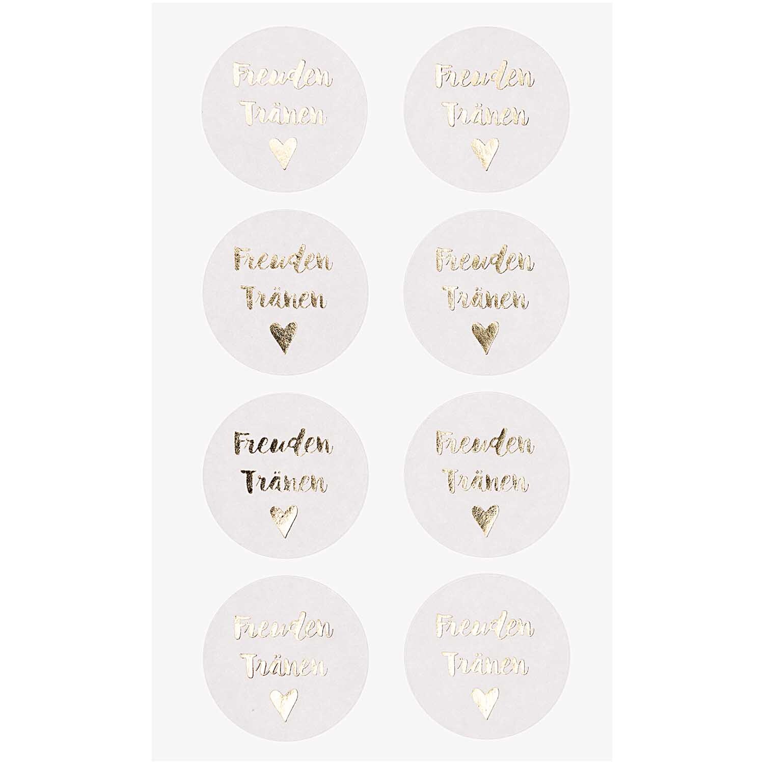 Paper Poetry Sticker Freudentränen mit goldener Schrift und Herzmotiv auf weißem Hintergrund, 4 Blatt von Rico Design.