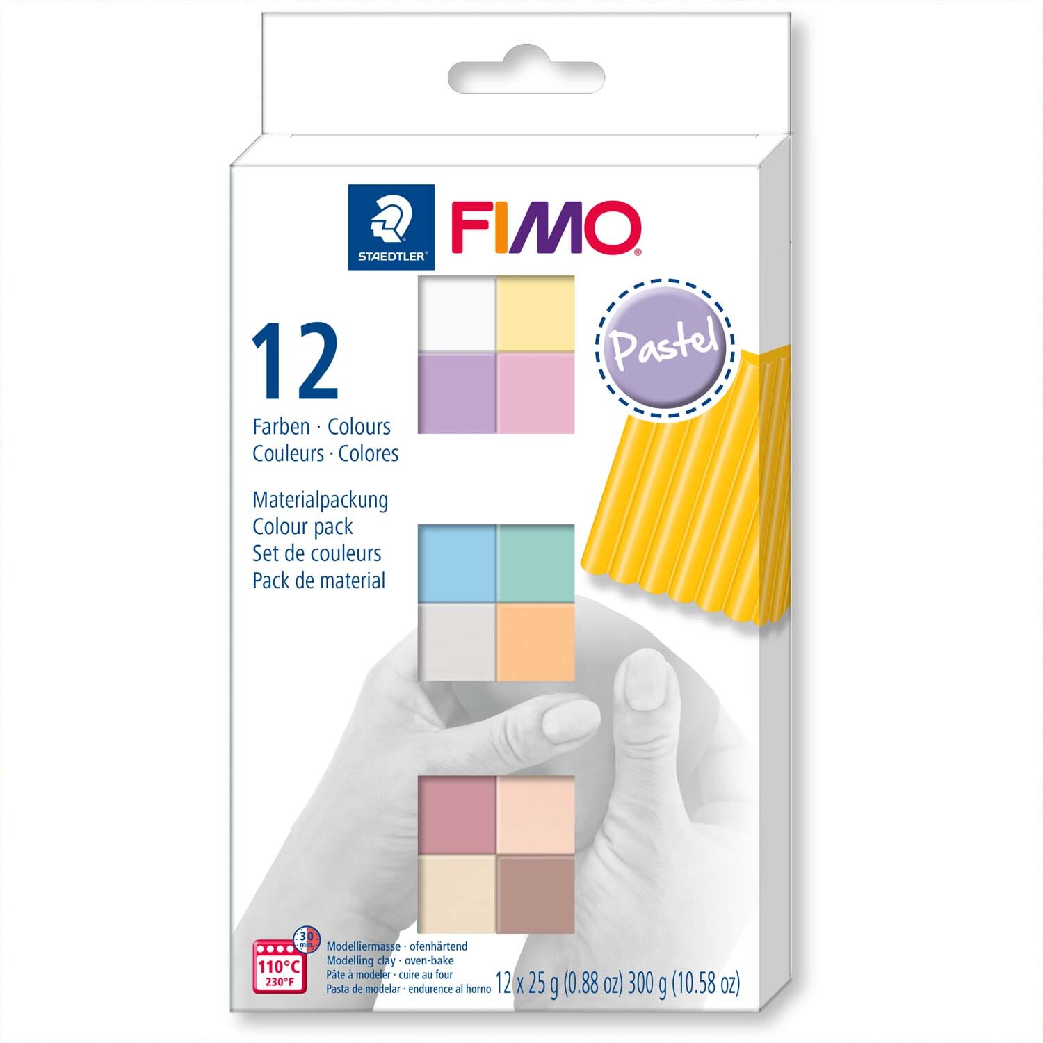 FIMO soft pastell 12 Halbblöcke, Staedtler. Verpackung zeigt bunte Pastellfarben und Hände beim Modellieren.