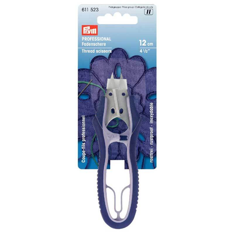 Fadenschere Professional mit Soft-Grip von Prym, ideal für präzises Schneiden, abgebildet in Verpackung.