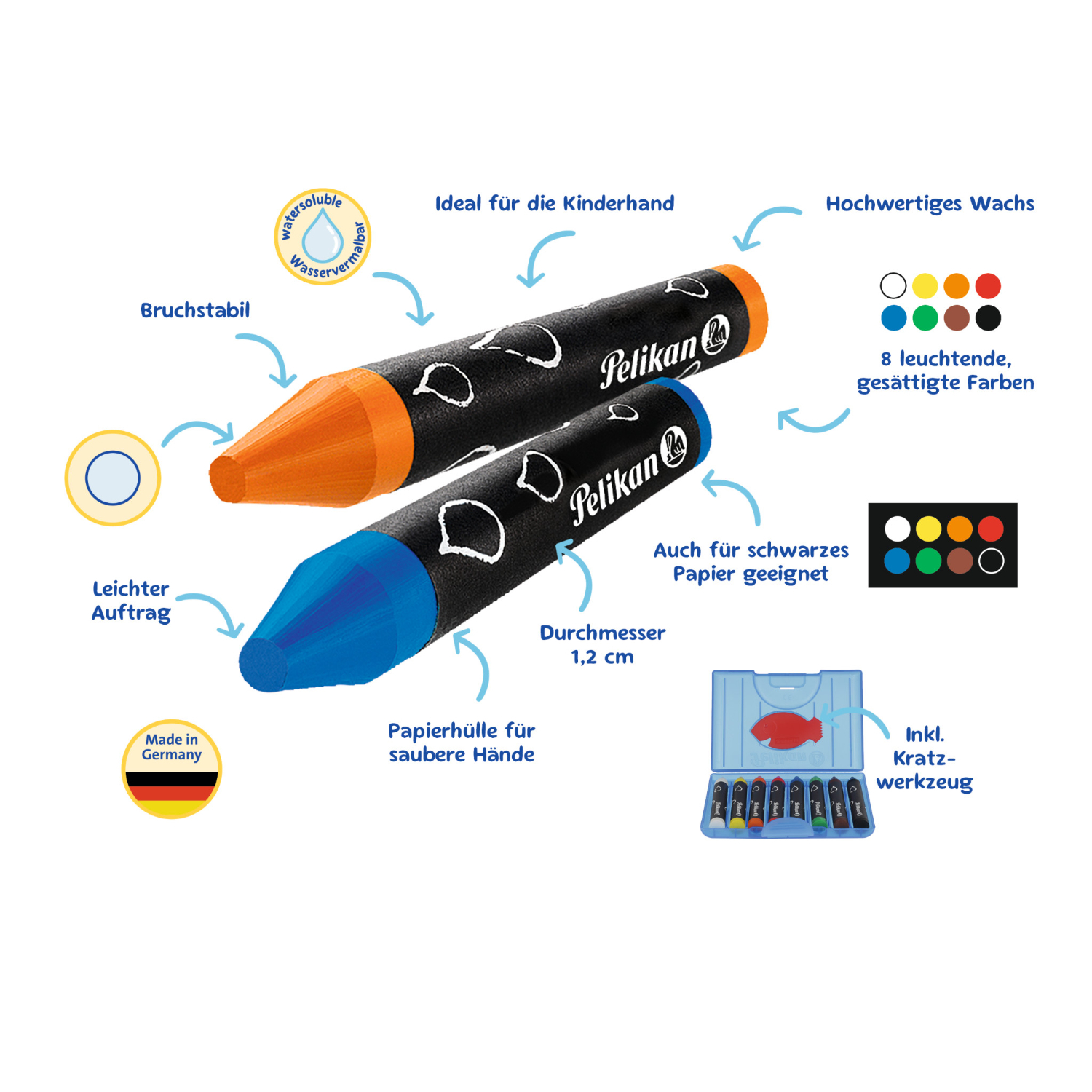 Wachsmaler rund mit blauem Etui, Pelikan: Bruchstabile, leuchtende Farben, ideal für Kinder.