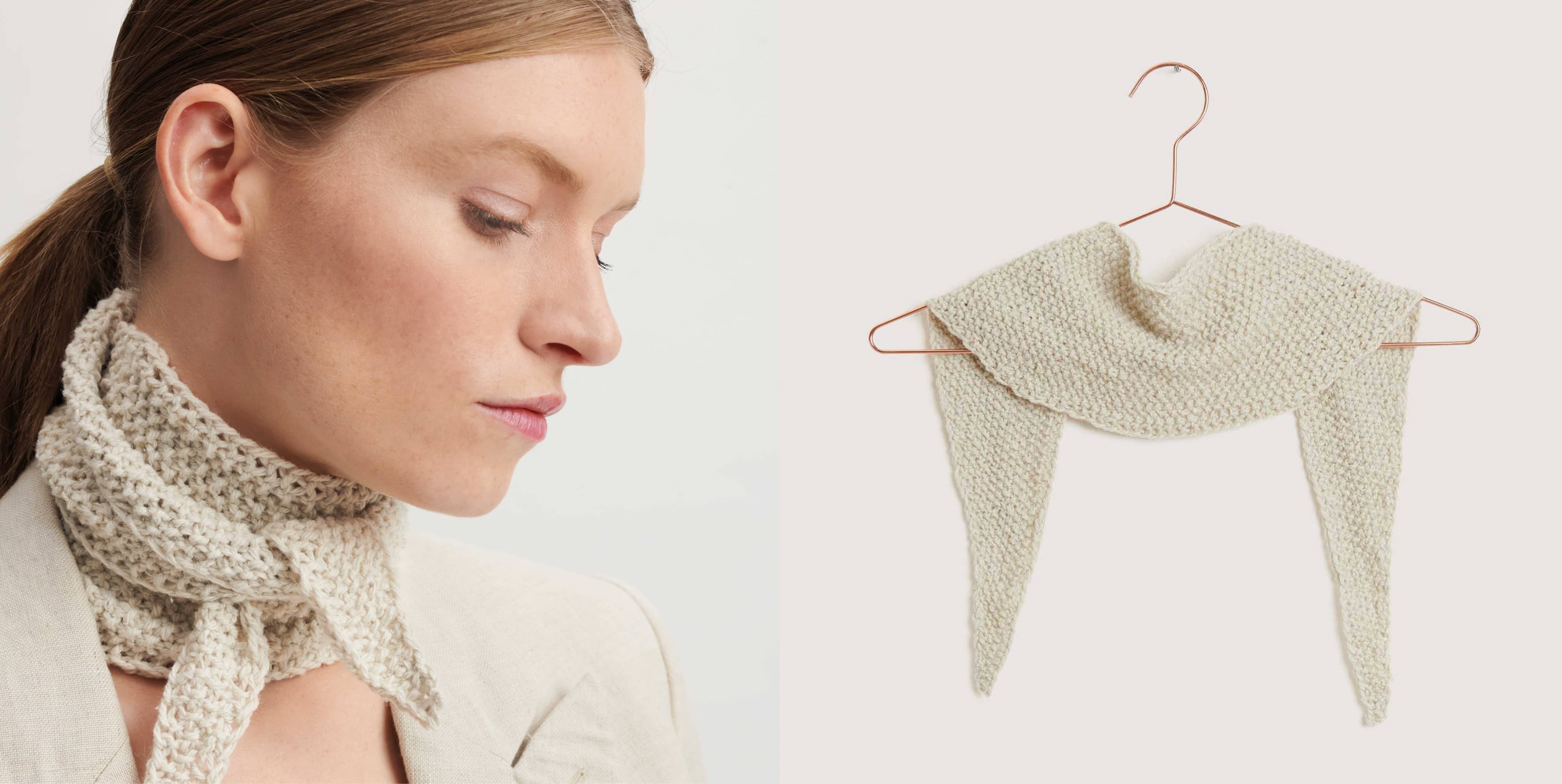 Gestricktes Halstuch in Creme Modell 20 aus Made by Me No. 18 getragen am Model und auf einem Kleiderbügel