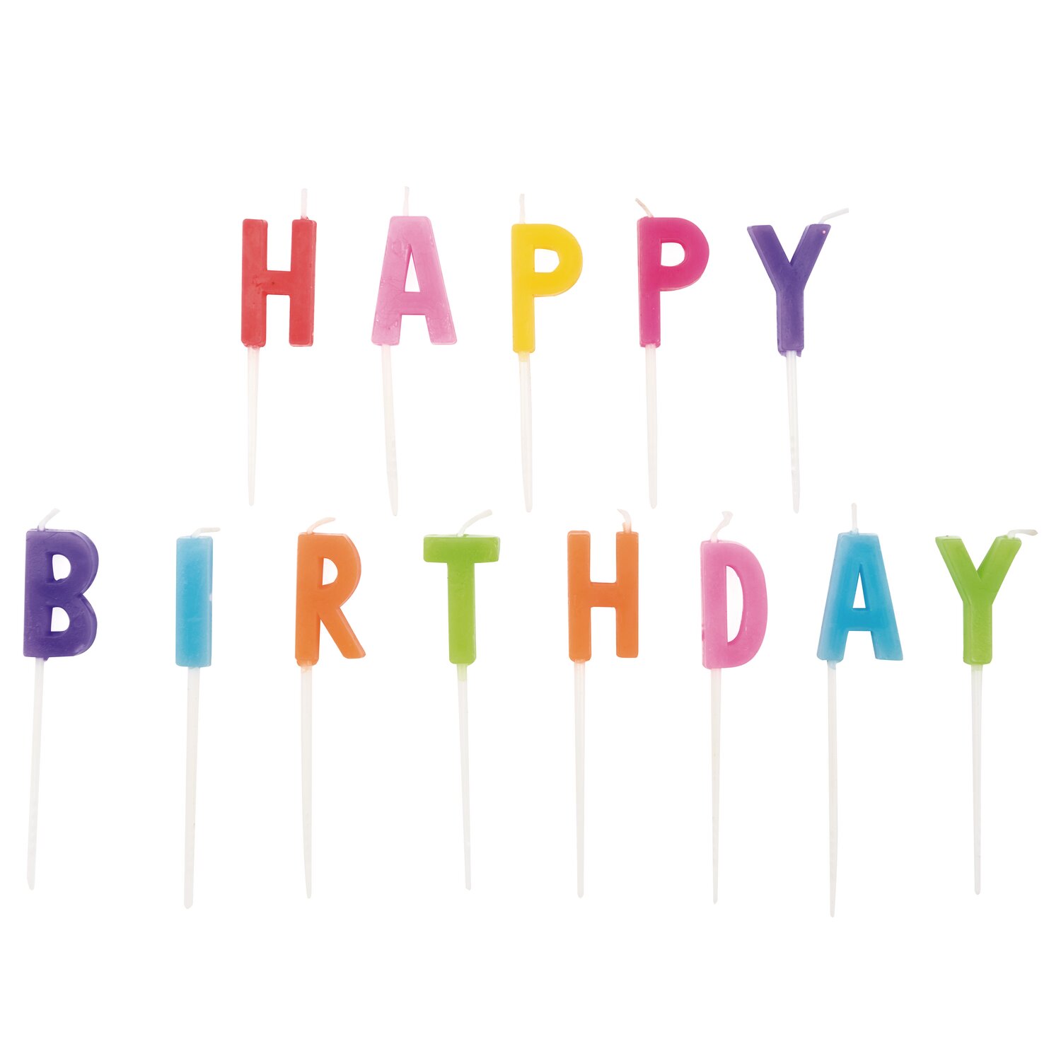 Kerzen Happy Birthday Mehrfarbig, Rico Design, 13 Stück, farbenfrohe Buchstabenkerzen auf Spießen für dekorative Geburtstagskuchen und Partydekoration