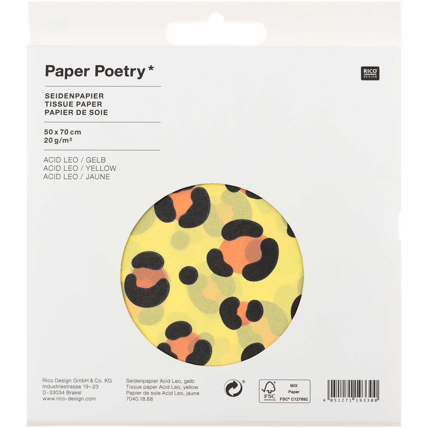 Paper Poetry Seidenpapier mit Leopardenmuster in Gelb von Rico Design, 50x70cm, 5 Bogen. Ideal für kreative Projekte.
