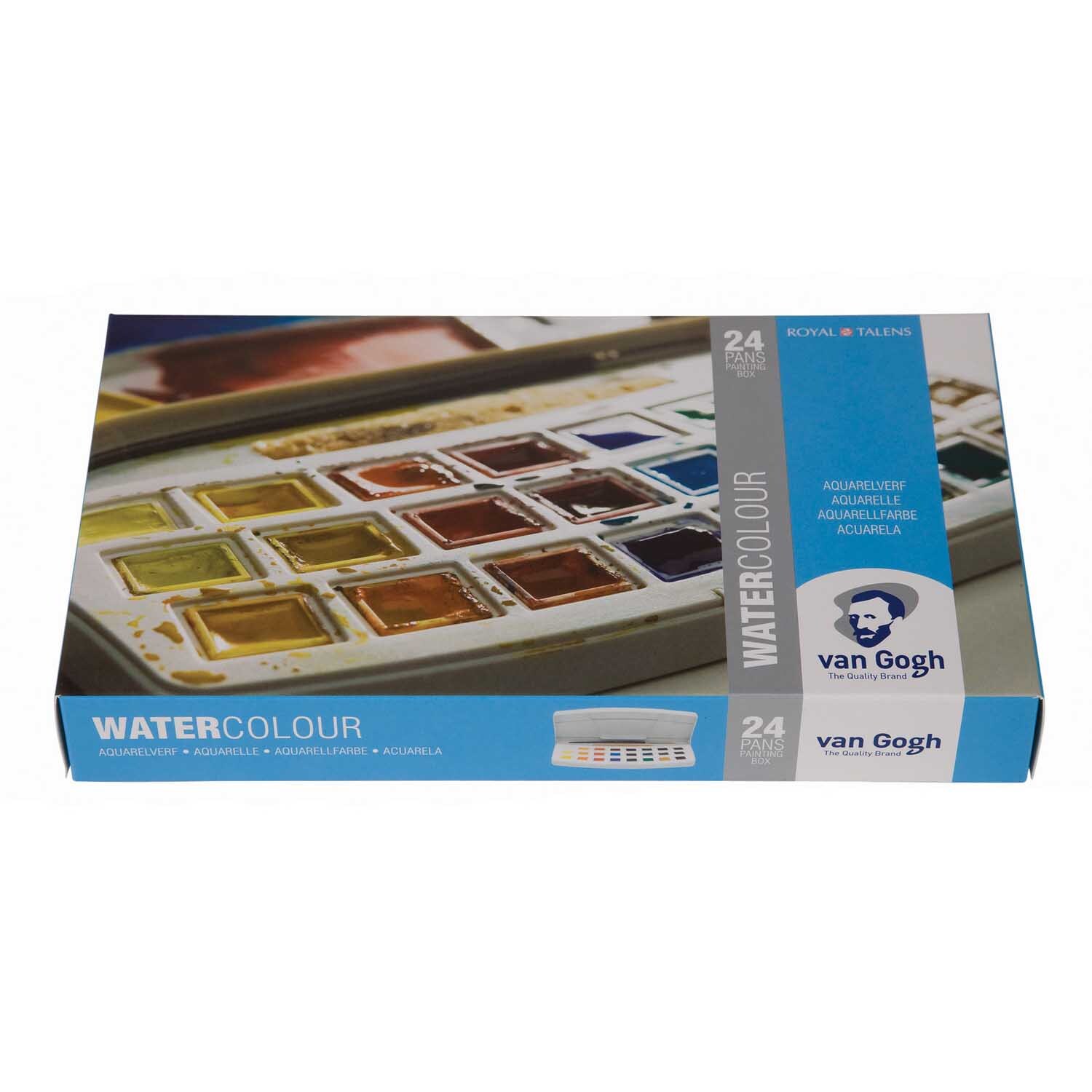 Aquarell Set mit Pinsel und Schwamm 24 Näpfchen zeigt eine offene Palette mit leuchtenden Farben der Marke van Gogh.