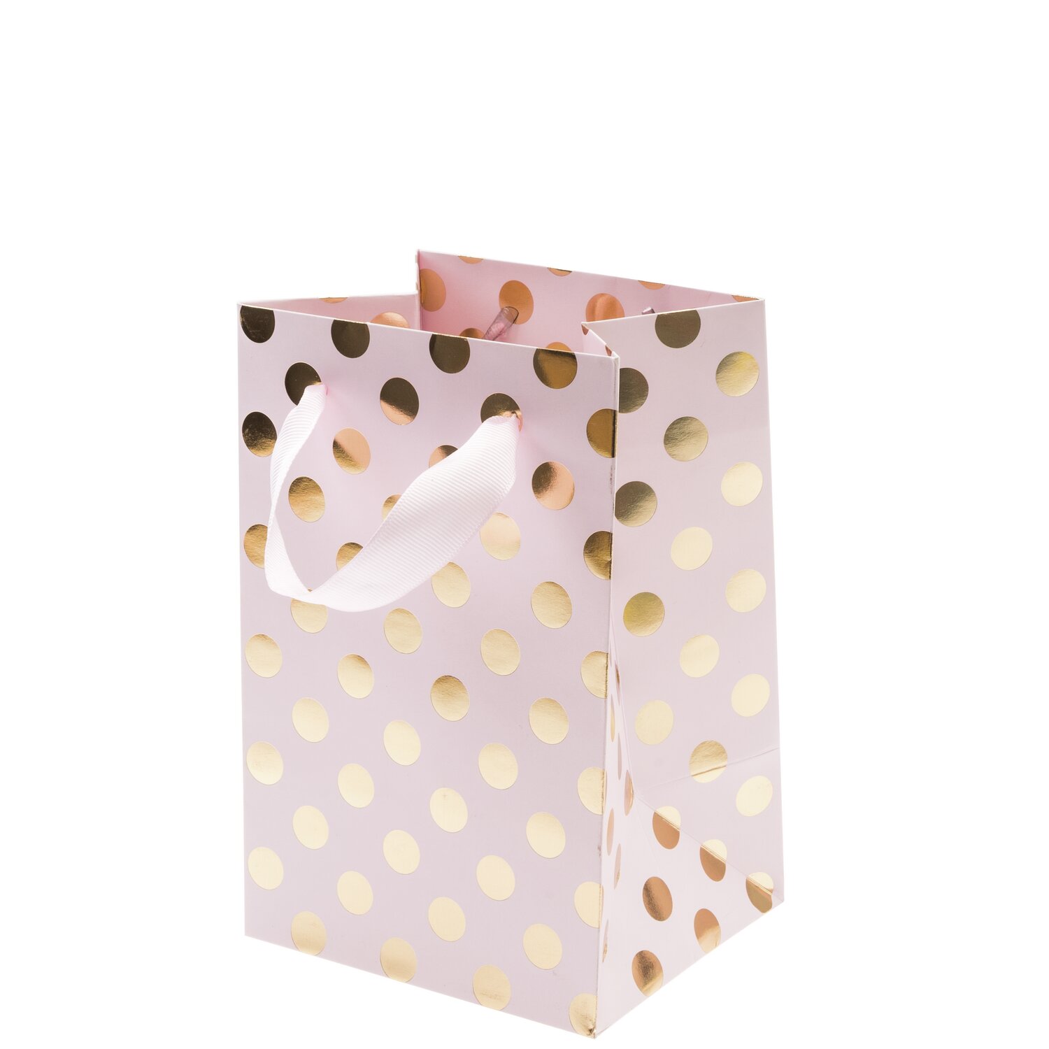 Geschenktüte rosa Punkte gold 12x18x10cm, stilvoll mit goldenen Punkten, ideal für Geschenke.
