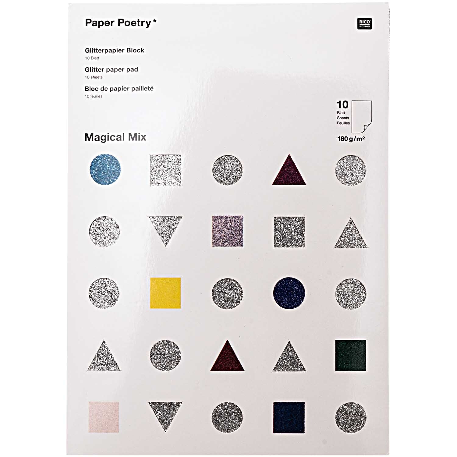 Paper Poetry Glitterpapierblock Magical Mix mit 10 Blättern in DIN A4, ideal für kreative Bastelprojekte. Verschiedene glitzernde Formen und Farben.