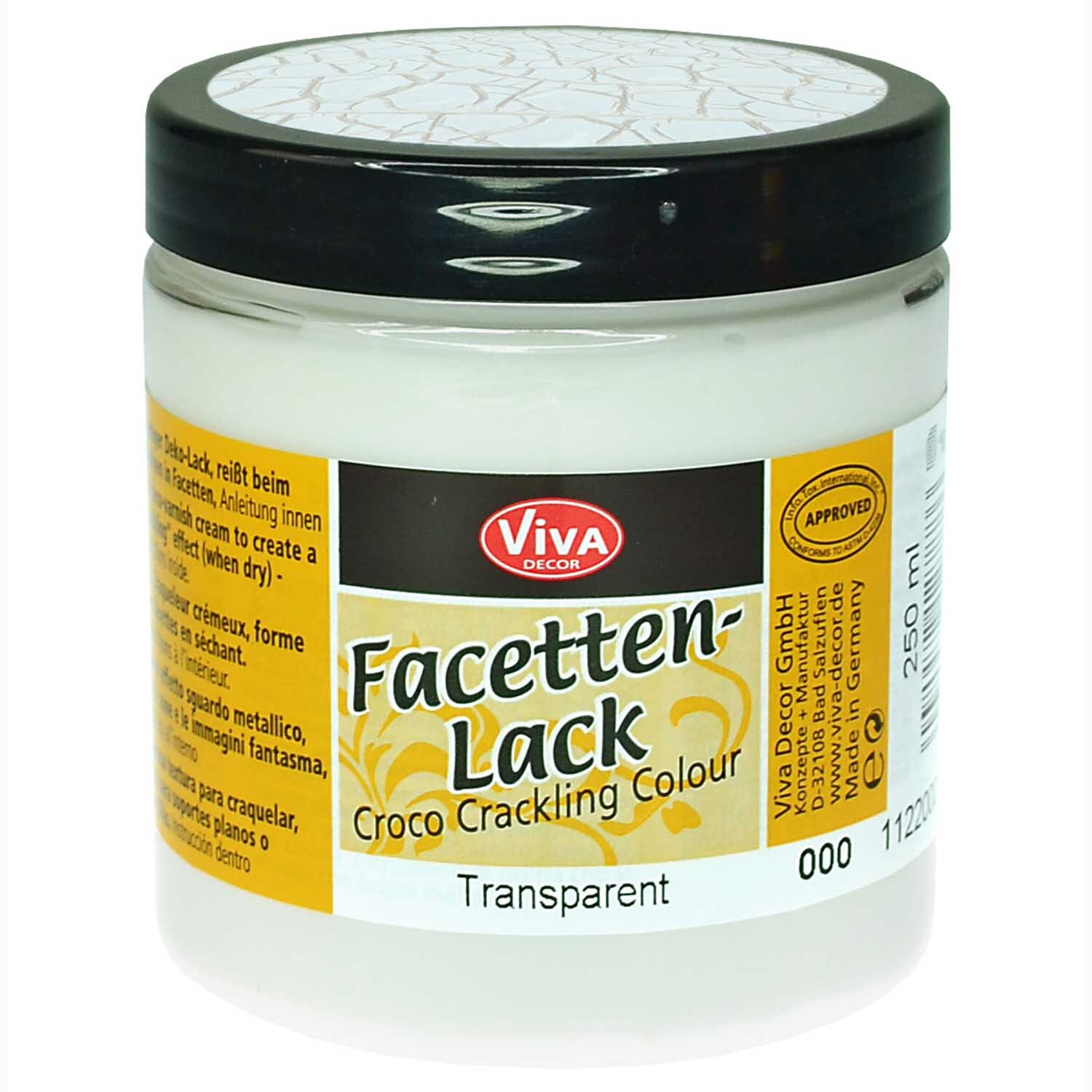 Facettenlack 250ml von Viva Decor, transparent, in einem runden Behälter mit gelbem Etikett. Ideal für kreative Projekte.