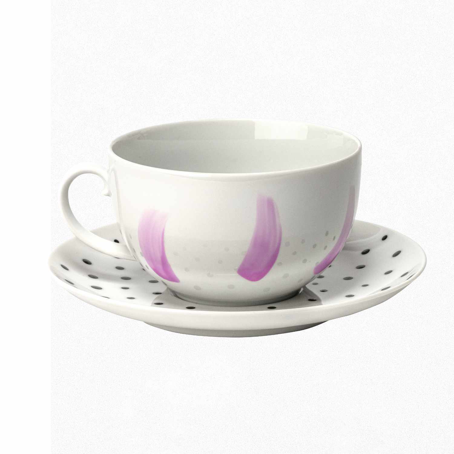 Porcelain & Glass Starterset matt: Weiße Tasse mit rosa Pinselstrichen auf gepunkteter Untertasse. Marke: Marabu, 7-teilig.