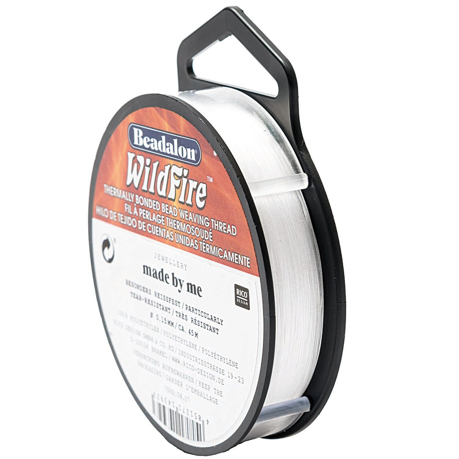 Wildfire Garn weiß 0,15mm 45m: Eine Rolle weißes Garn von Rico Design, ideal für Perlenarbeiten.