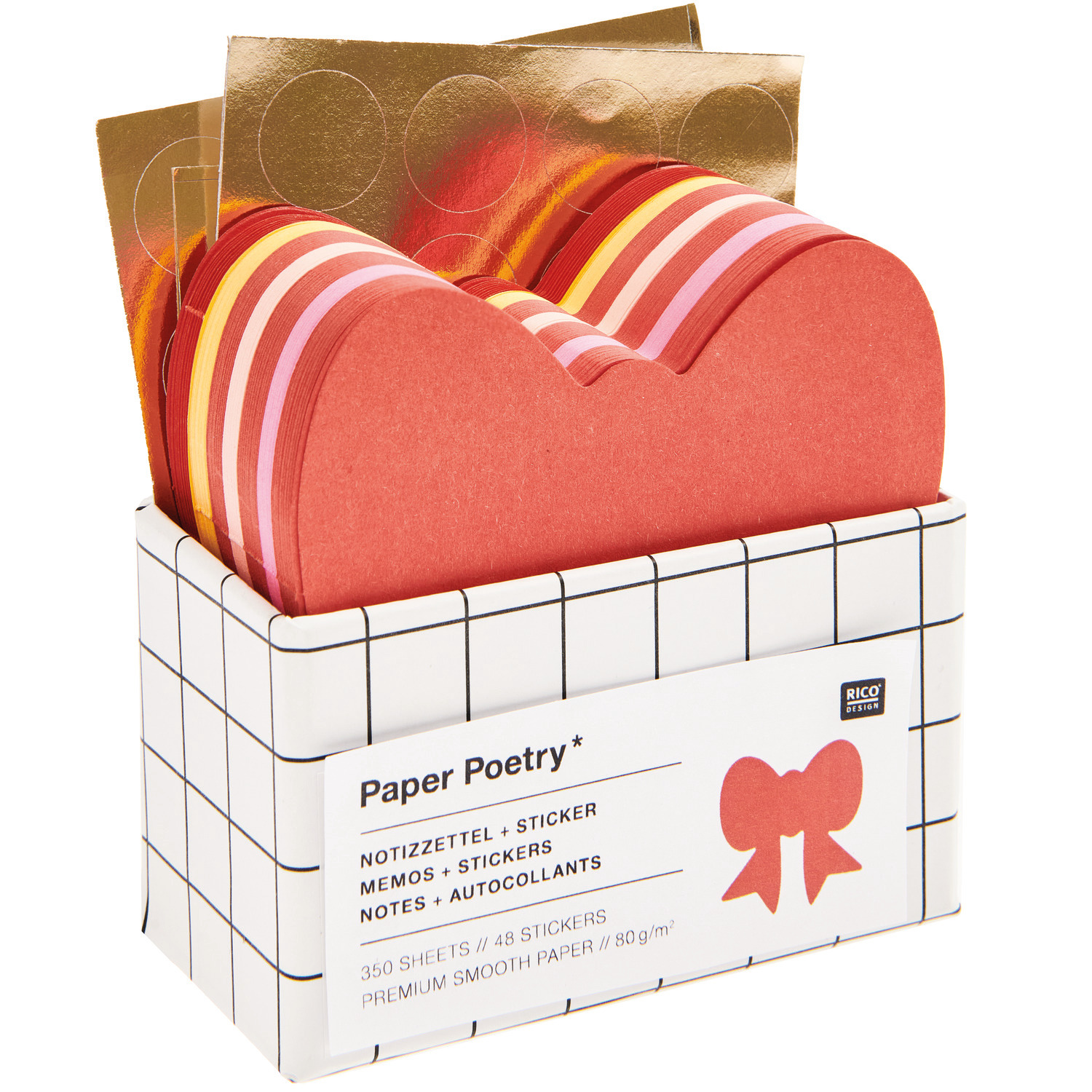 Paper Poetry Notizzettelbox Schleife mit 350 Blatt in Herzform, inklusive goldener Sticker. Ideal für kreative Notizen und Dekoration.