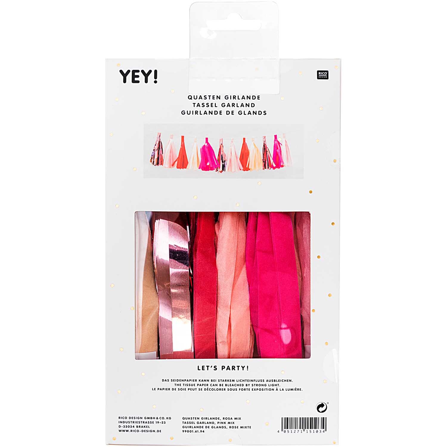 Quasten-Girlande 2m 12 Quasten in Rosa von Rico Design, ideal für festliche Dekorationen. Enthält bunte Quasten in einer Verpackung.