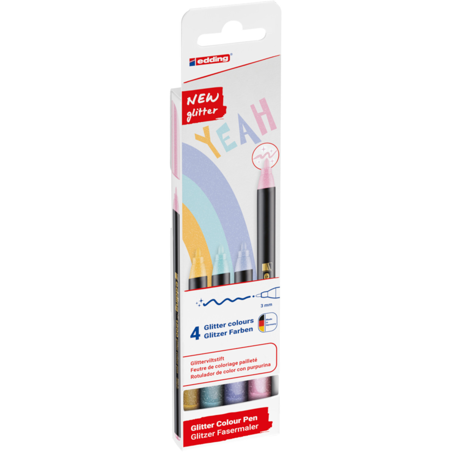 Fasermaler Set Edding 1200 Glitter, 4-teilig, in Verpackung mit buntem Regenbogenmotiv. Ideal für kreative Projekte.