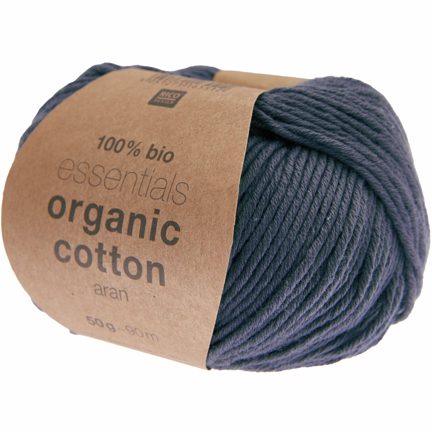 Essentials Organic Cotton aran: Dunkelblaues Garnknäuel von Rico Design, 100% Bio-Baumwolle, 50g 90m. Ideal für nachhaltige Strickprojekte.