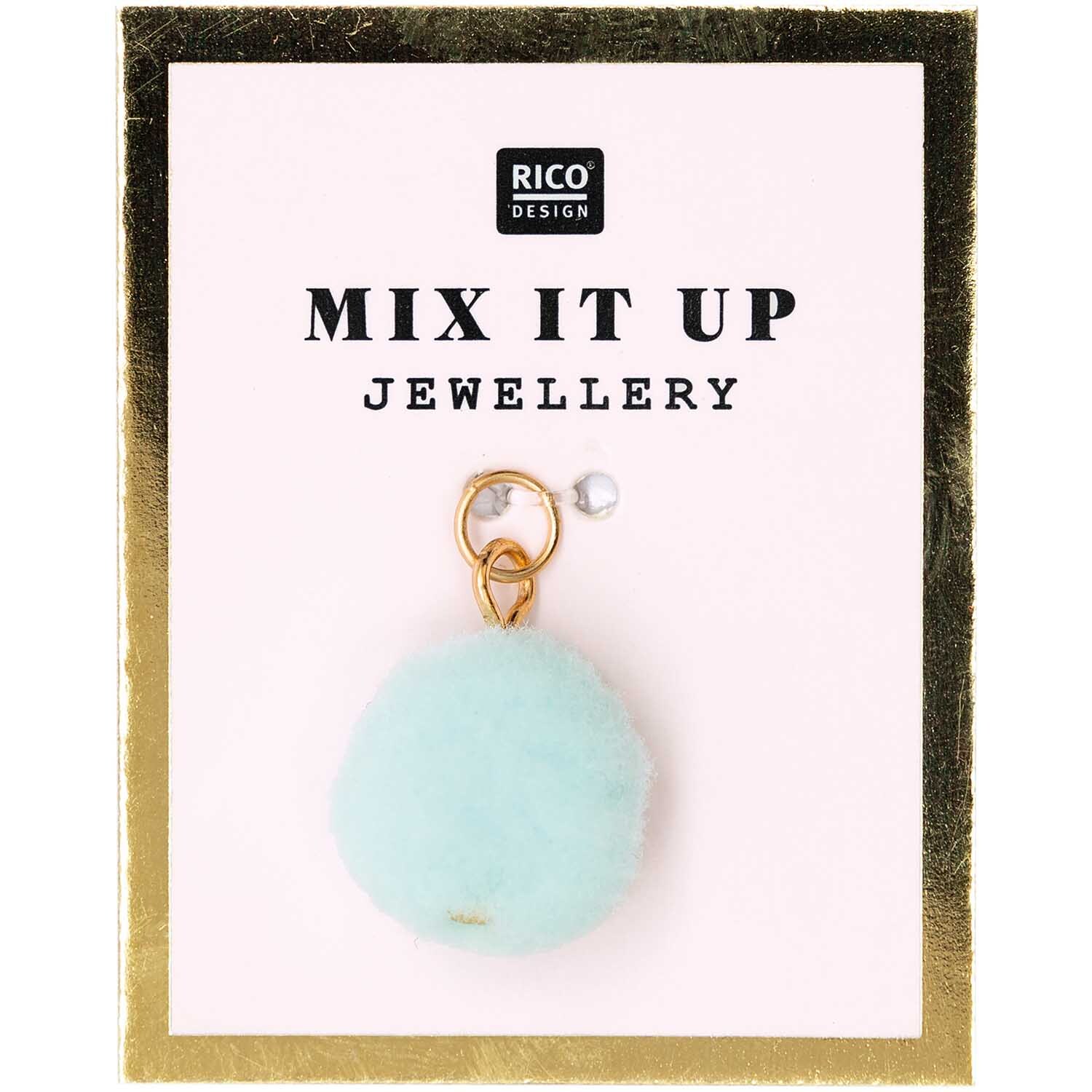 Mix it Up - Jewellery Mini-Pompon in Gold-Hellblau von Rico Design, präsentiert auf einer eleganten Karte.