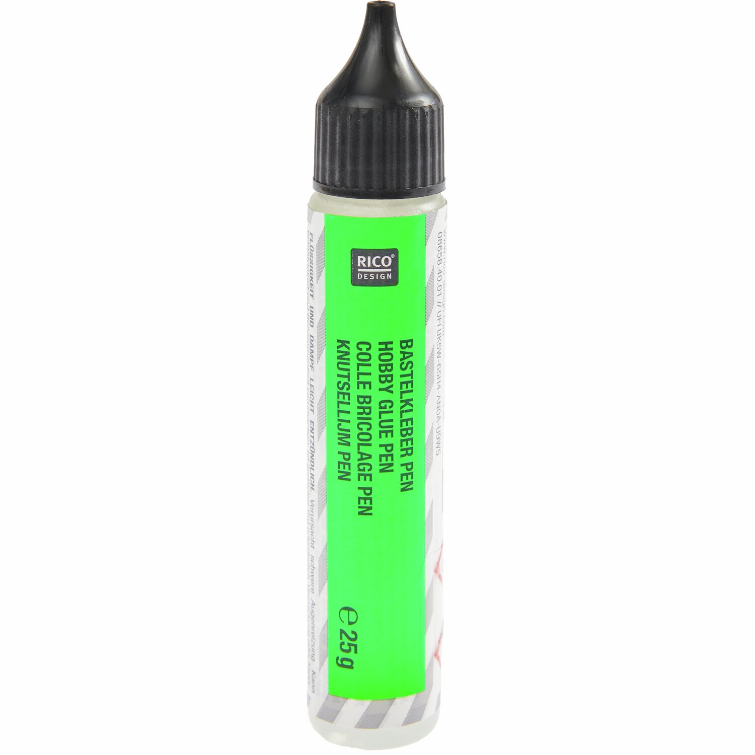 Bastelkleber transparent von Rico Design in einer grünen Flasche mit schwarzem Verschluss.