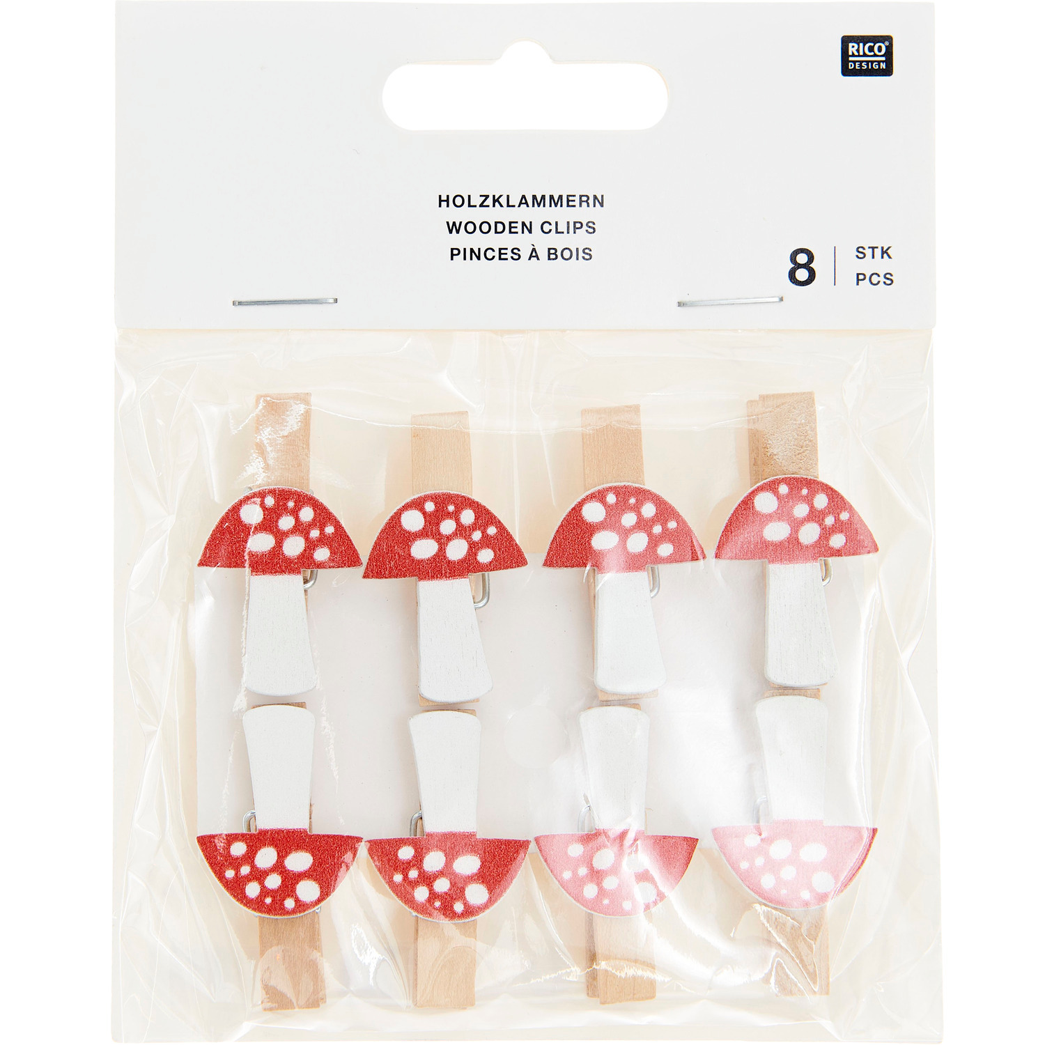 Holzclips Fliegenpilz 8 Stück, 20x35mm Farbe Weiß-rot von Rico Design
