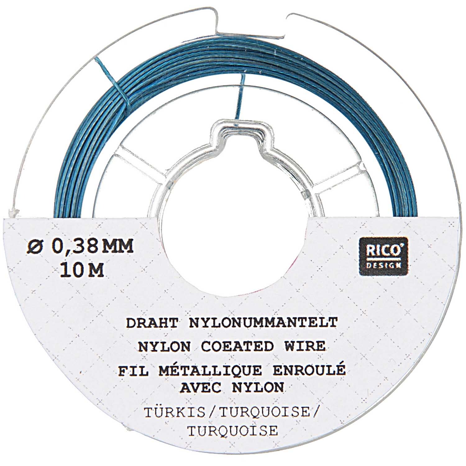 Draht Nylonummantelt in Türkis, 0,38mm, 10m. Abgebildet ist die Rolle von Rico Design.