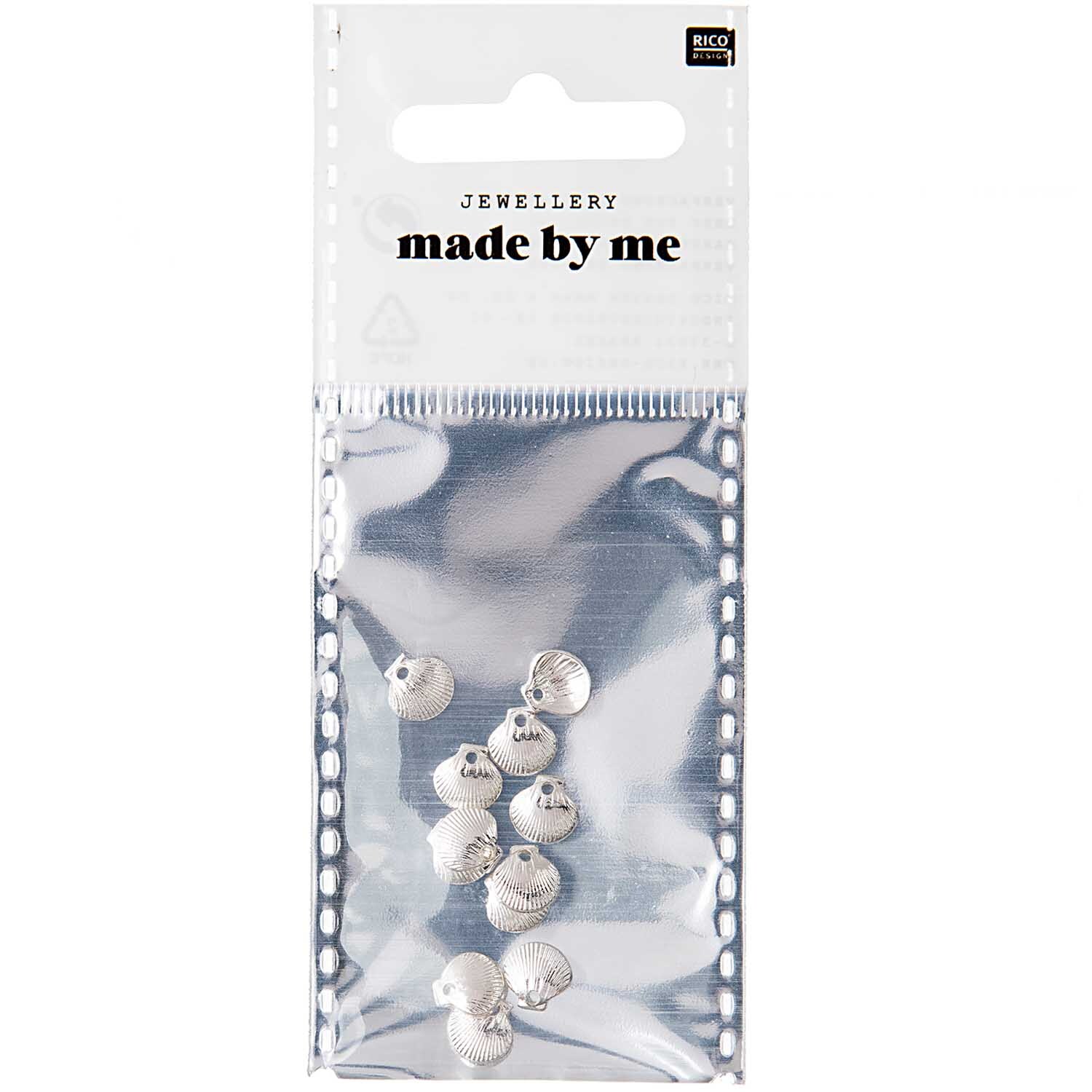 Muscheln mini mit Öse 12 Stück von Rico Design in einer transparenten Verpackung, silberfarben. Ideal für Schmuckherstellung.