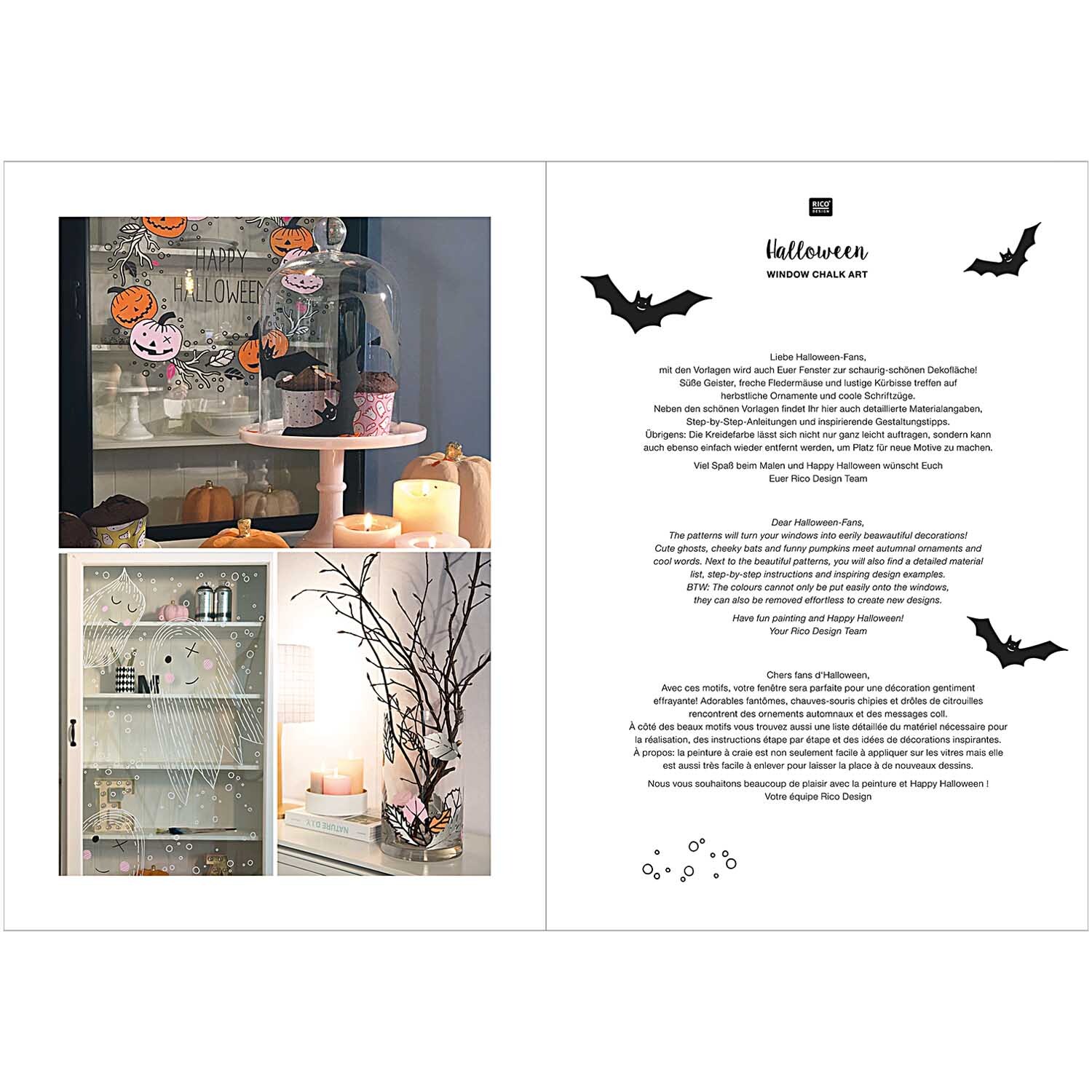 Vorlagenmappe Halloween Fenster- und Glasmalerei zeigt kreative Dekorationen mit Kürbissen und Fledermäusen, ideal für festliche Gestaltung.