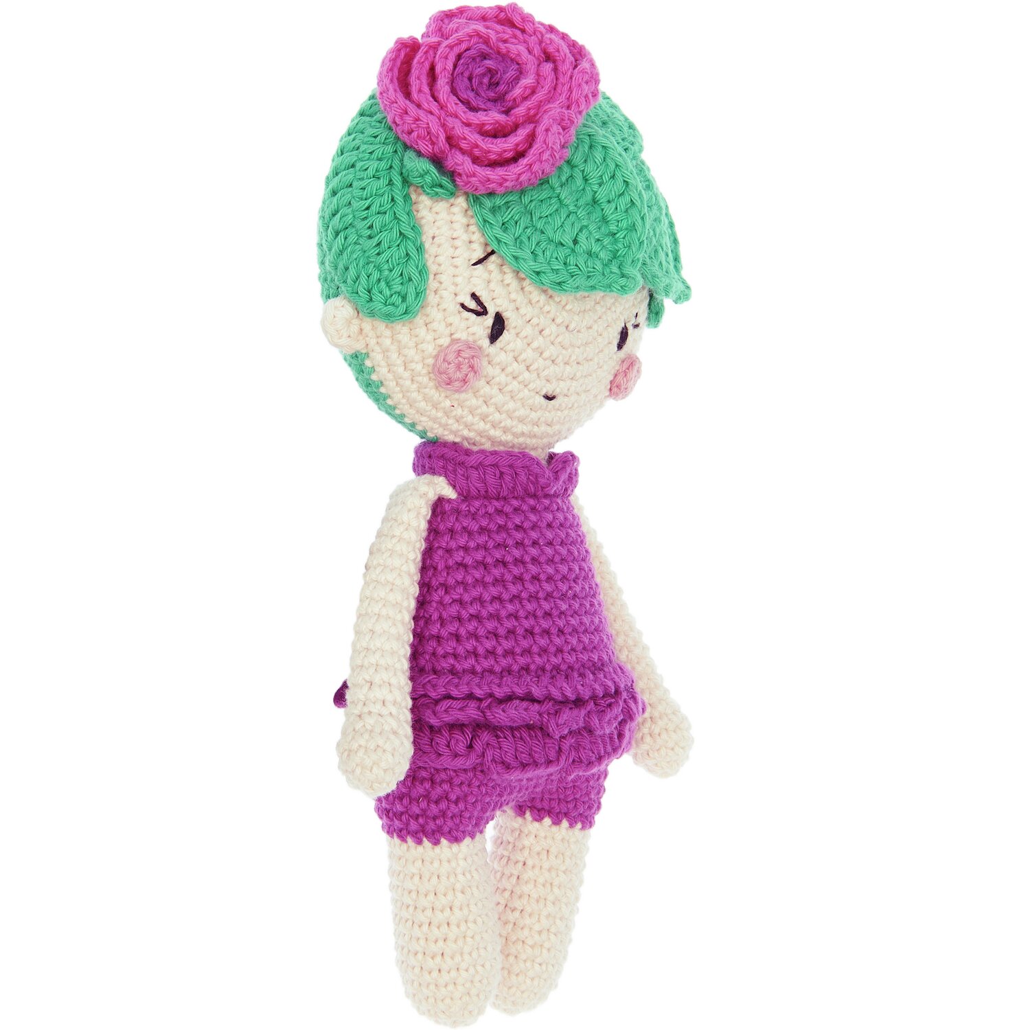 Creative Ricorumi dk: Gehäkelte Puppe mit grünem Haar und pinkem Kleid, verziert mit einer Blume.