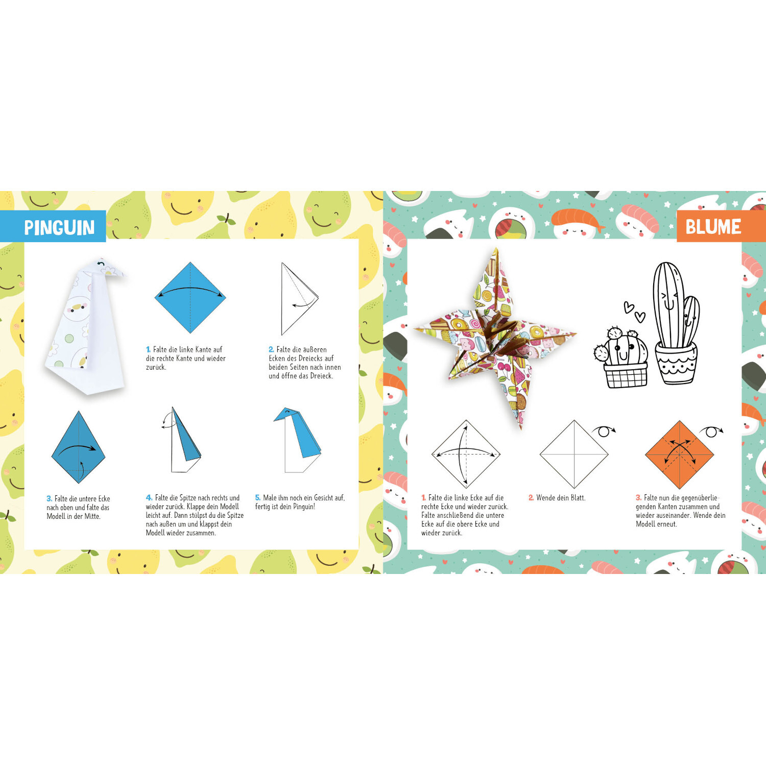 88 x Origami Kids Kawaii: Anleitung für Origami-Pinguin und -Blume mit bunten Mustern und fröhlichem Design.