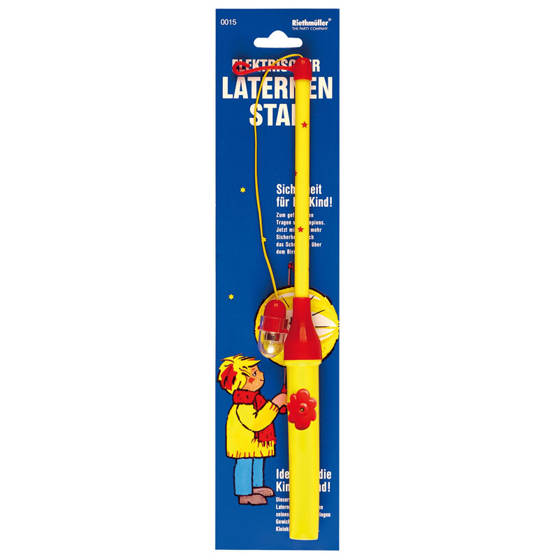 Laternenstab elektrisch mit Sternen in Gelb-Rot, 30cm, ideal für Kinder, sicher und bunt gestaltet.