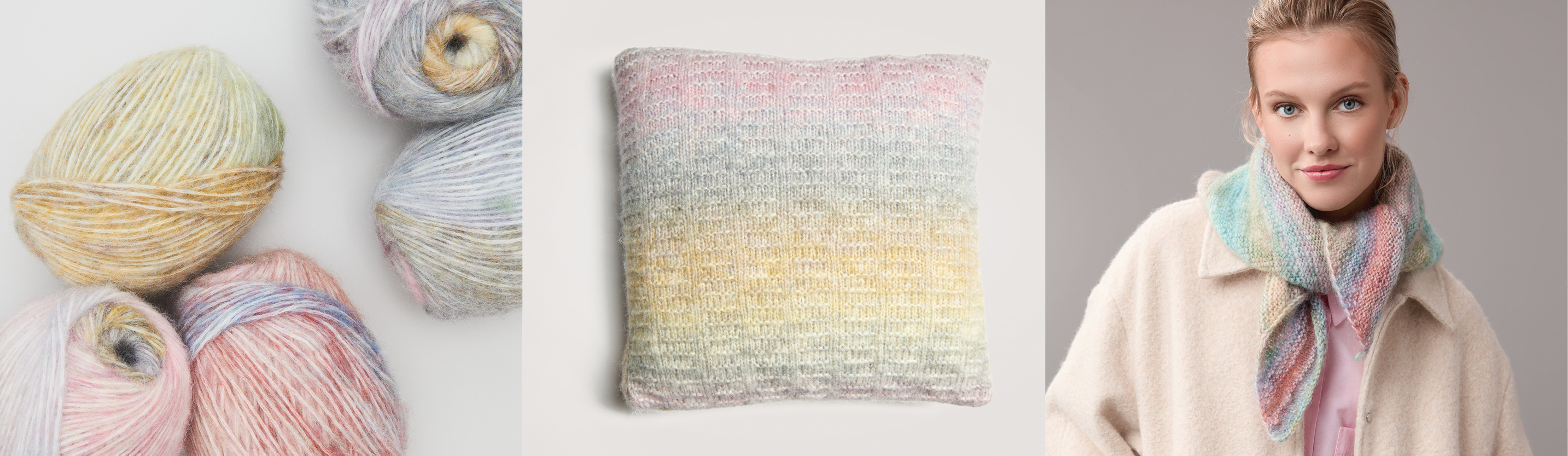 Drei Bilder nebeneinander. Fünf bunte Wollknäuel, ein gestricktes Kissen aus buntem Garn und eine Frau trägt ein buntes gestricktes Halstuch.