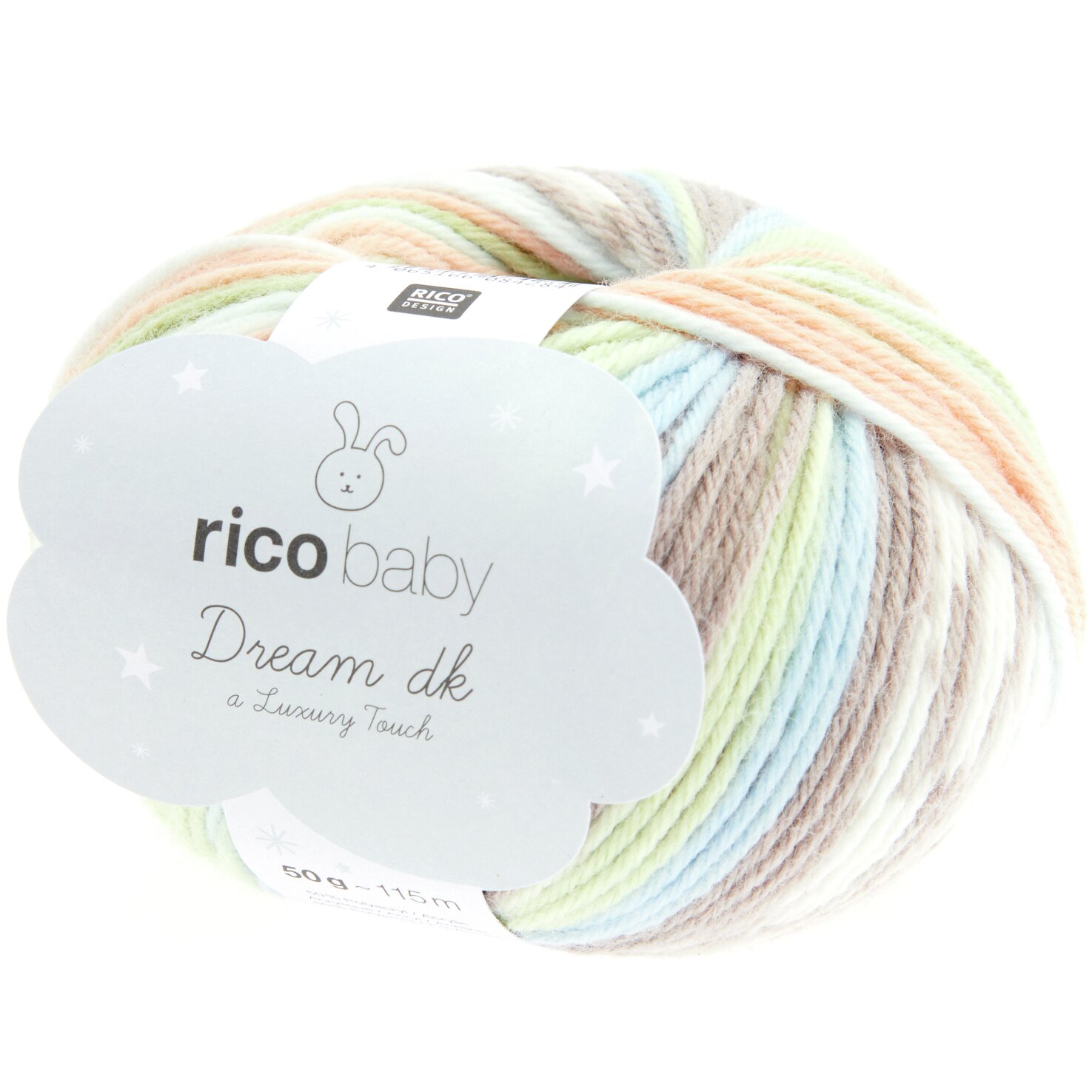 Rico Baby Dream dk A Luxury Touch, pastellfarbene Wolle, ideal für weiche Strickprojekte.
