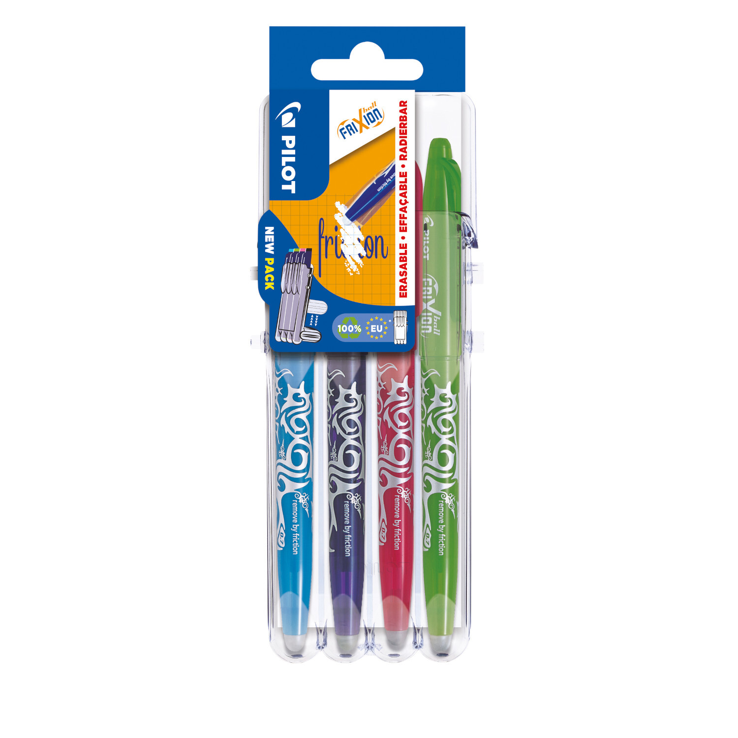 Etui FriXion Ball 07 Fashion, 4-teiliges Set von PILOT mit bunten, radierbaren Stiften in Blisterverpackung.