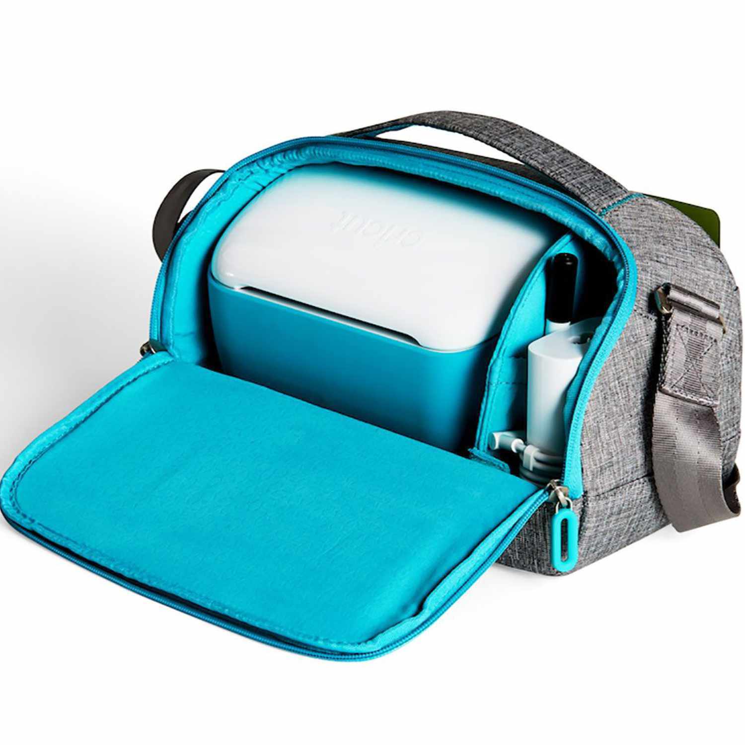 Joy Carry Case Transporttasche in Grau und Blau, ideal für Cricut-Geräte, mit Reißverschluss und Tragegriff für einfachen Transport.
