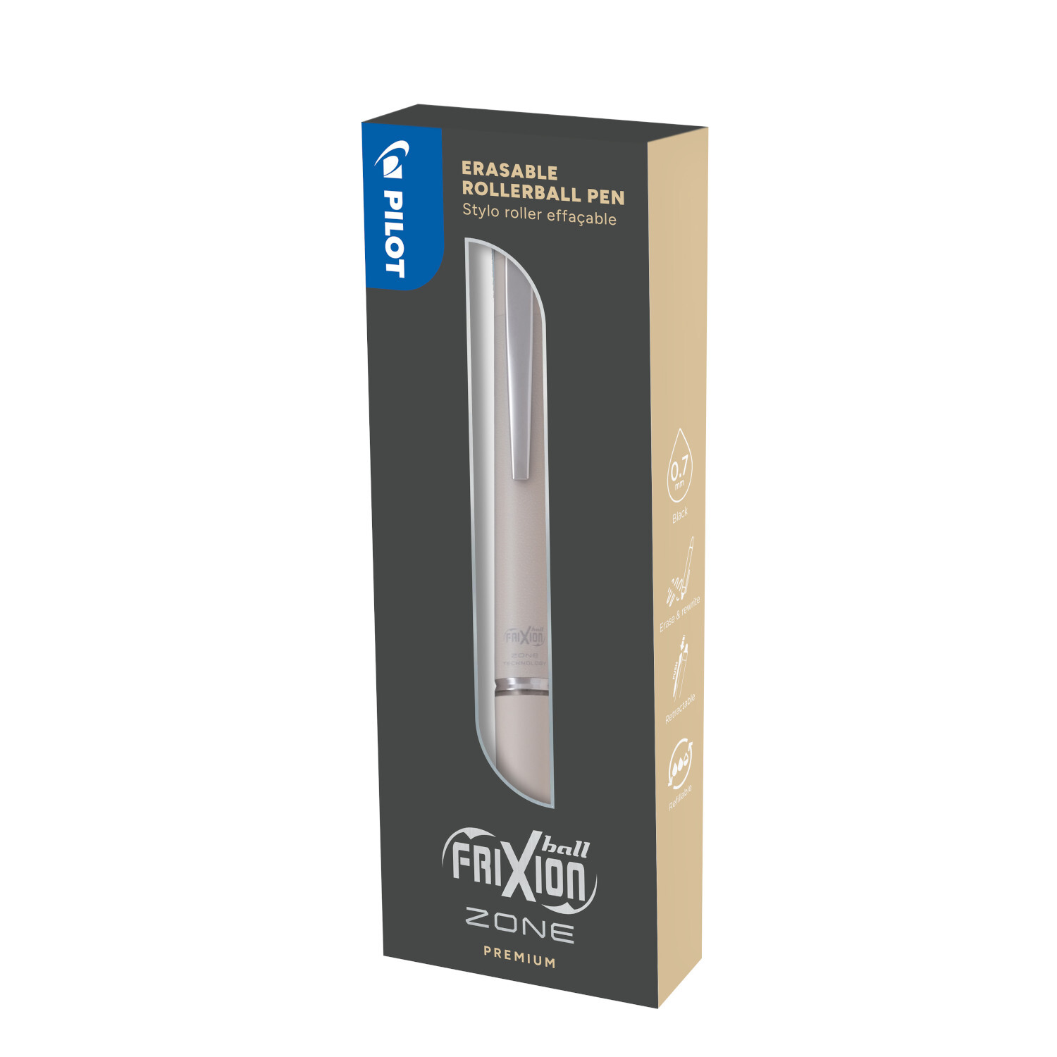 Tintenroller von PILOT, Modell FriXion Zone, in Beige. Die Verpackung zeigt die Vorderansicht des Produkts. Ideal für präzises Schreiben und Korrigieren.