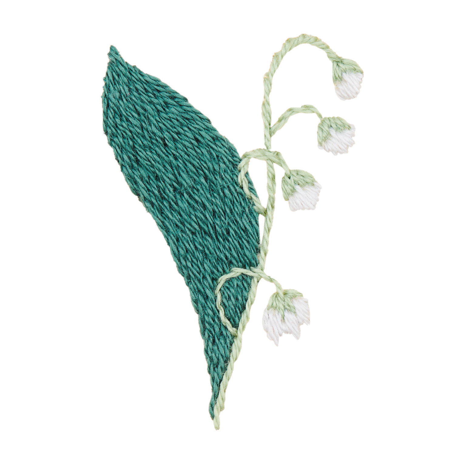 Stick and Stitch Blümchen: Gesticktes Maiglöckchen mit grünem Blatt auf schwarzem Hintergrund.