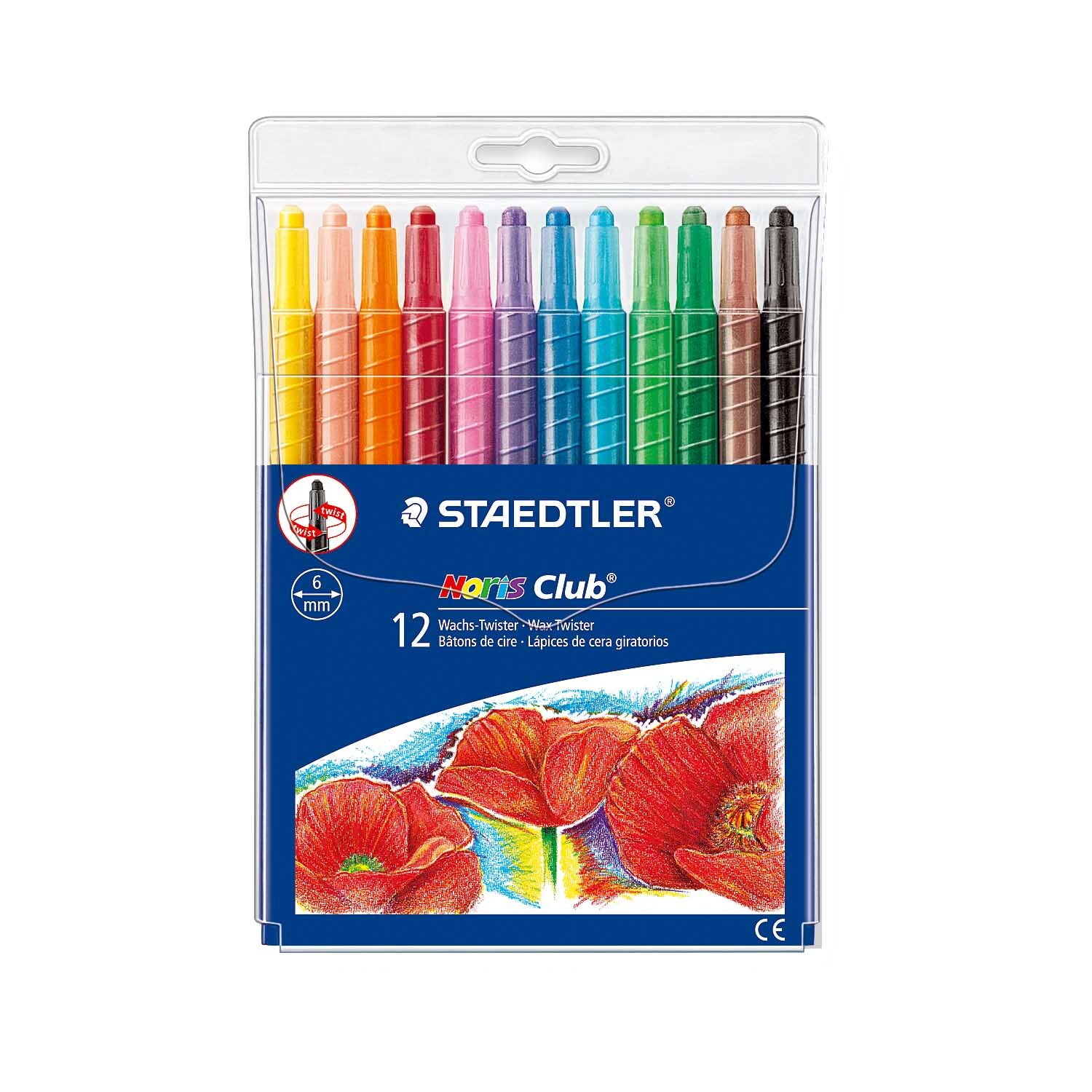 Wachs-Twister Wachsmalstifte, 12-teilig, von Staedtler in einer Packung mit bunten Farben.