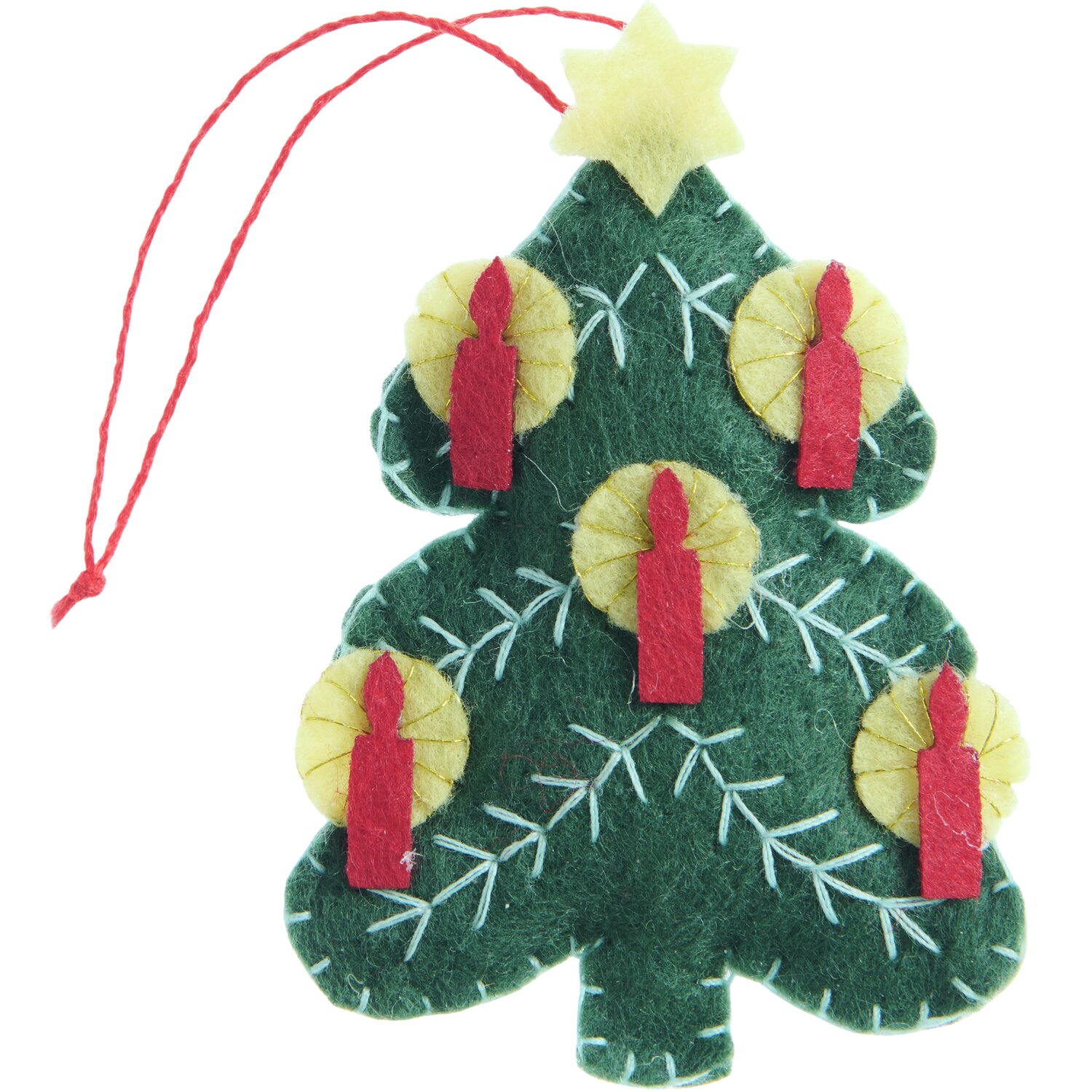 Aufhänger Filz-Tanne mit Kerzen Dunkelgrün: Weihnachtlicher Baumschmuck mit roten Kerzen und gelbem Stern, 7,5x5,1x1,6cm.