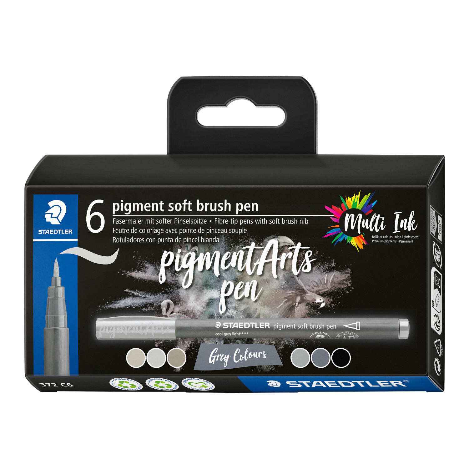 Pigment Brush Pen Grautöne Set von Staedtler, 6-teilig. Verpackung zeigt graue Stifte mit weicher Pinselspitze.