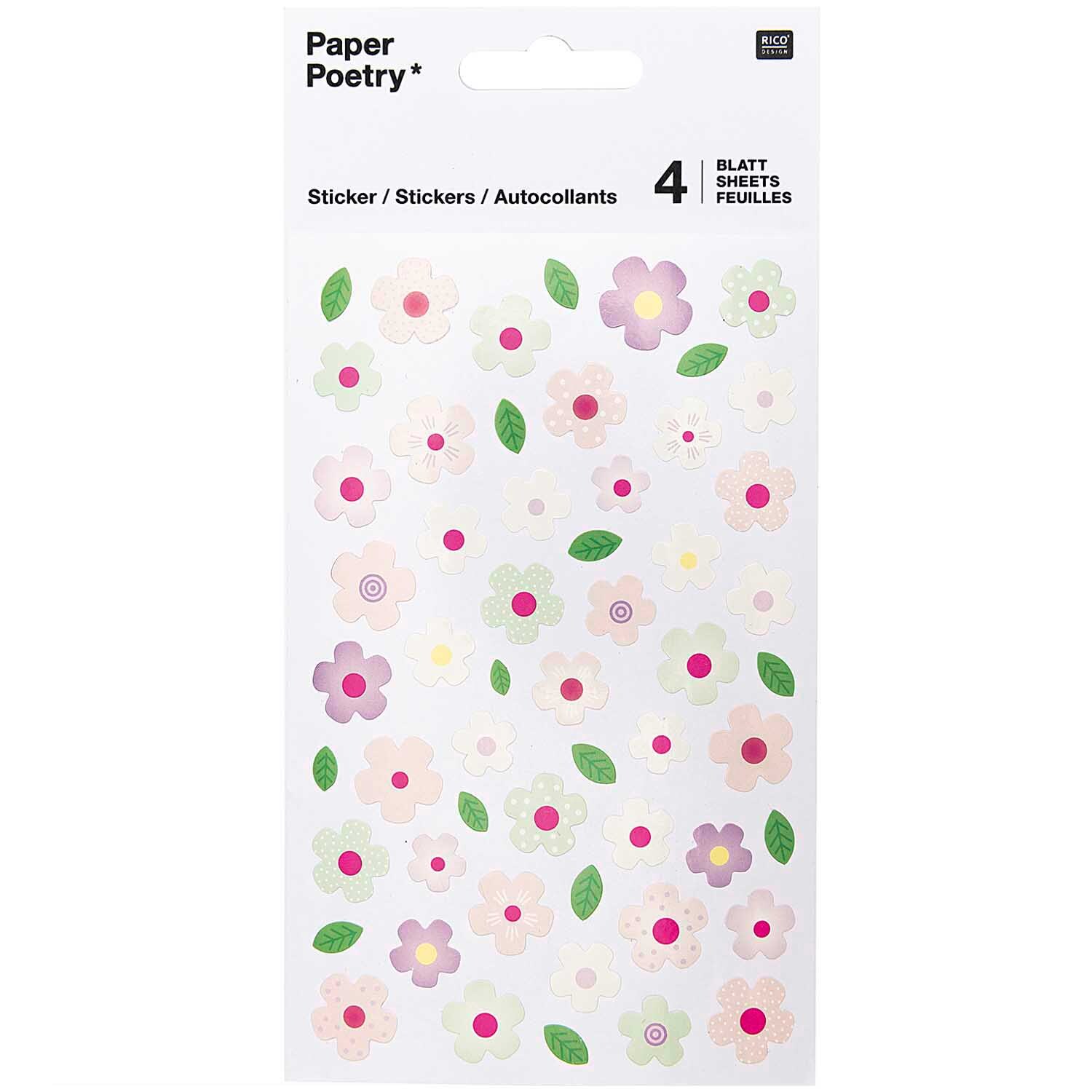Paper Poetry Sticker Blumen rosa-mint, 4 Blatt, mit floralen Motiven in zarten Pastelltönen. Ideal für kreative Projekte.