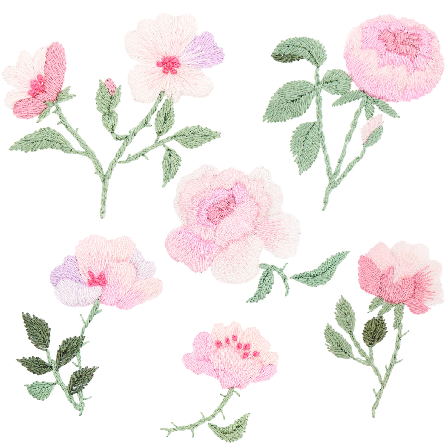 Stick and Stitch Rosen: Sieben gestickte Rosen in Rosa- und Grüntönen, ideal für kreative Nähprojekte.