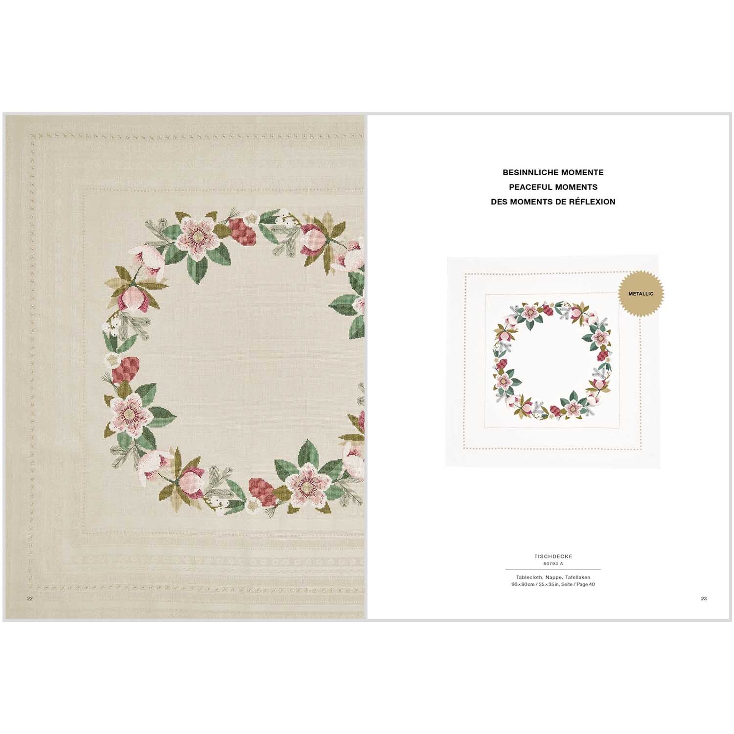 Stickbuch Christmas Joy Nr. 182 zeigt ein florales Stickmuster mit roten und grünen Akzenten von Rico Design.