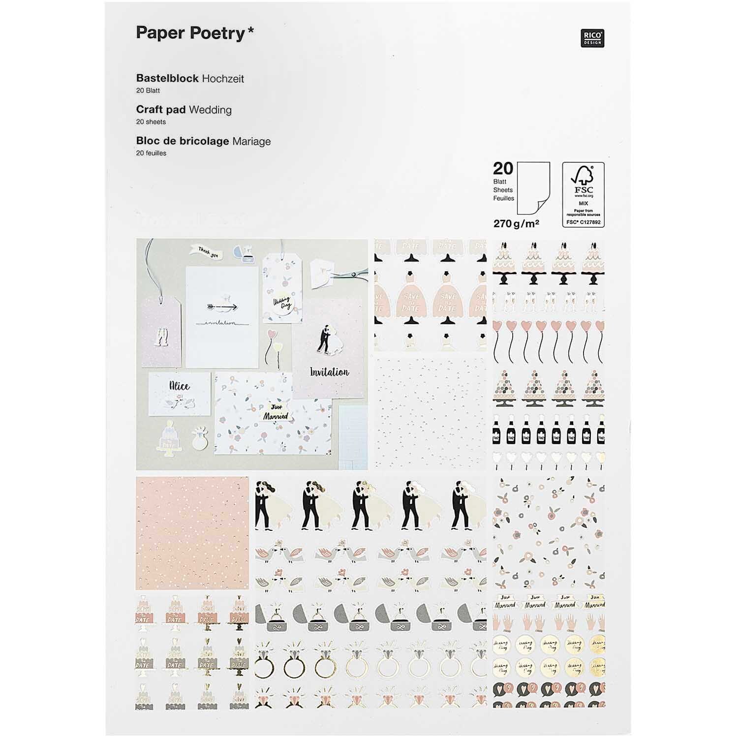 Paper Poetry Bastelblock Hochzeit mit 20 Blättern zeigt elegante Hochzeitsthemen in zarten Farben. Perfekt für kreative Projekte und Dekorationen.