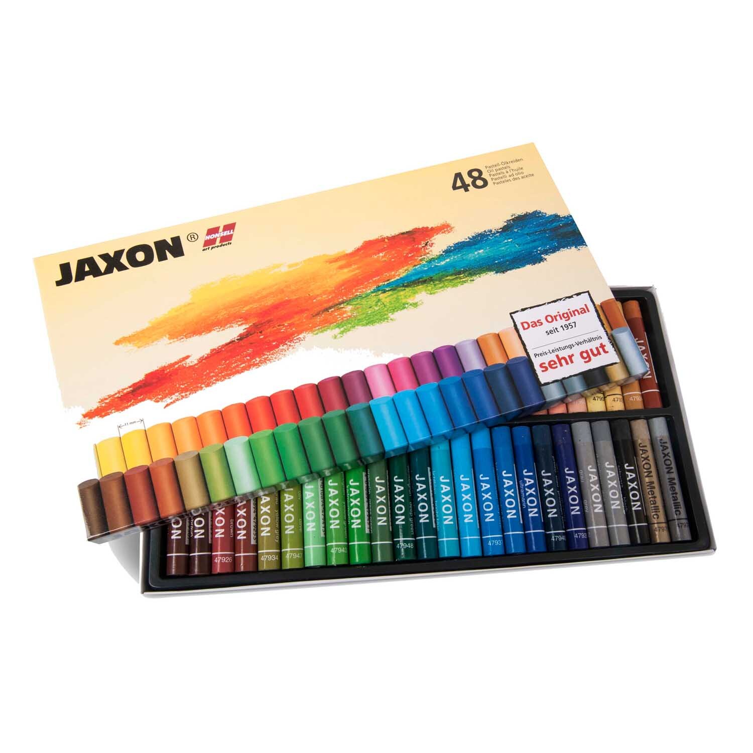 Ölkreide-Set von Jaxon, 48-teilig, zeigt eine Vielzahl von leuchtenden Farben in einer offenen Verpackung.