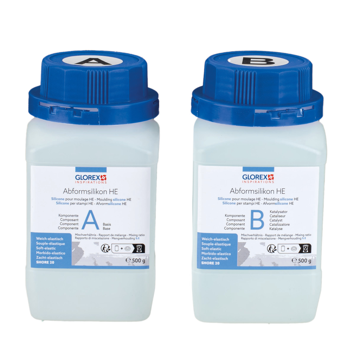 Abformsilikon von Glorex: Zwei weiße 500g-Flaschen mit blauen Deckeln, gekennzeichnet als A und B.