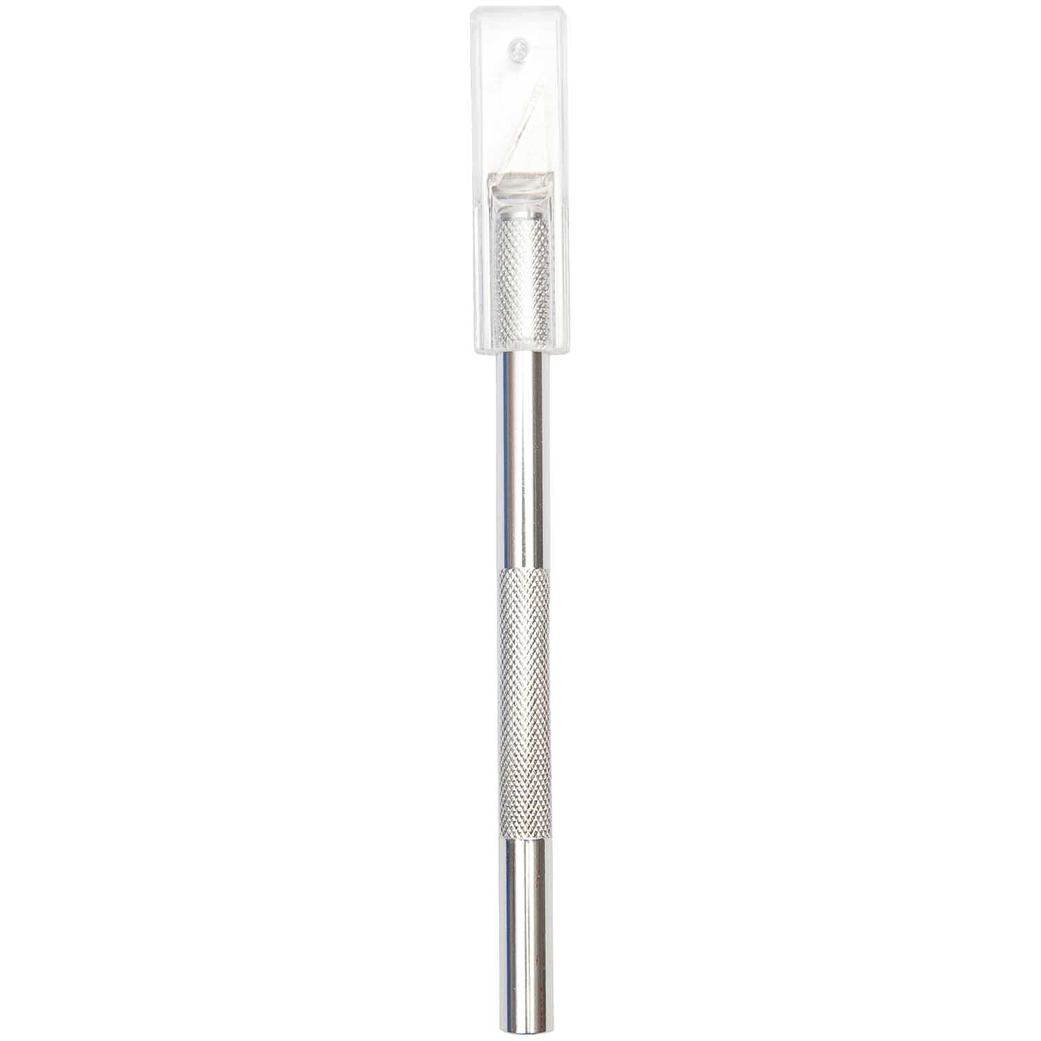 Schablonenmesser spitz incl. 3 Ersatzklingen von Rico Design, silberfarben, mit transparentem Schutz. Ideal für präzises Schneiden.