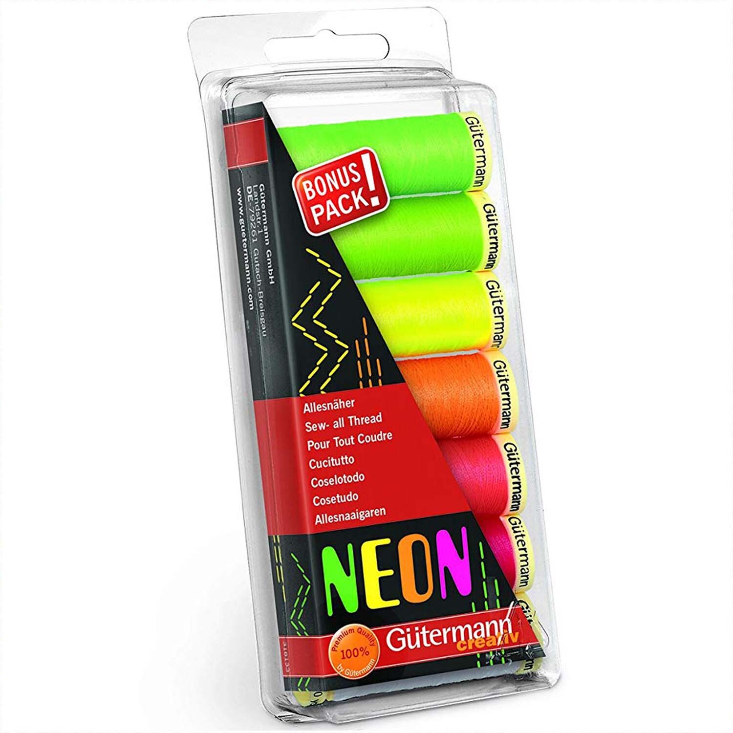 Allesnäher Set neon, 7-teilig von Gütermann. Enthält leuchtende Neonfarben in einer transparenten Verpackung.