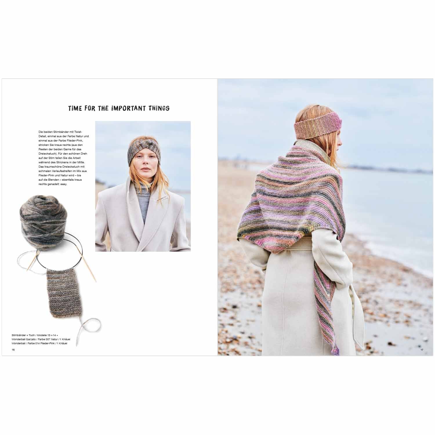 Wonderball Special: Frau am Strand mit gestricktem Schal und Mütze in sanften Farben von Rico Design.