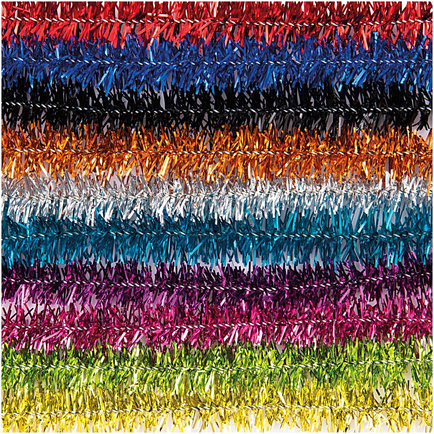 Chenilledraht-Mix 50cm 10 Stück von Rico Design zeigt bunte, glitzernde Drähte in verschiedenen Farben.