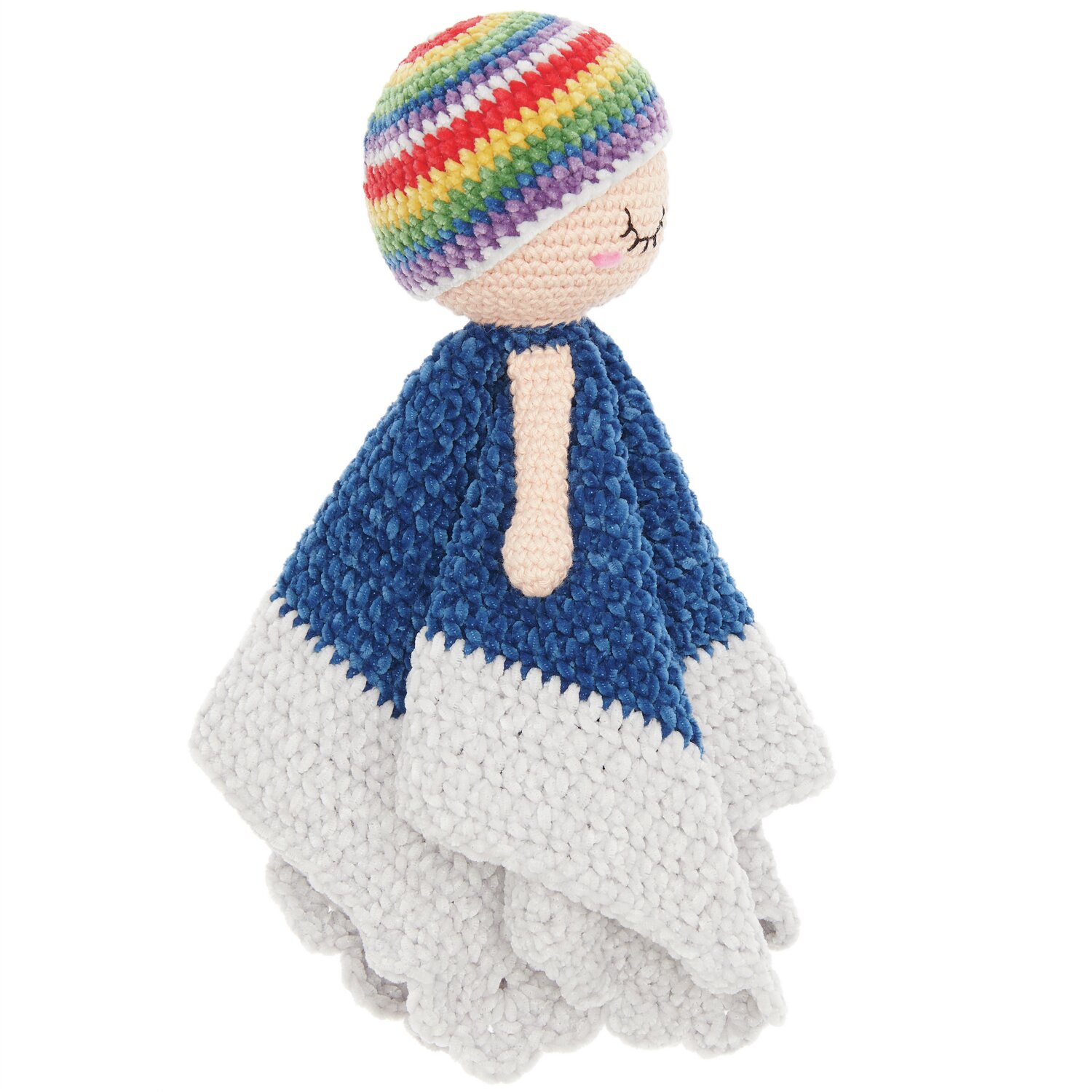 Häkelset Ricorumi Baby Blankies Rainbow: Buntes Häkelpüppchen mit blau-weißem Umhang von Rico Design.