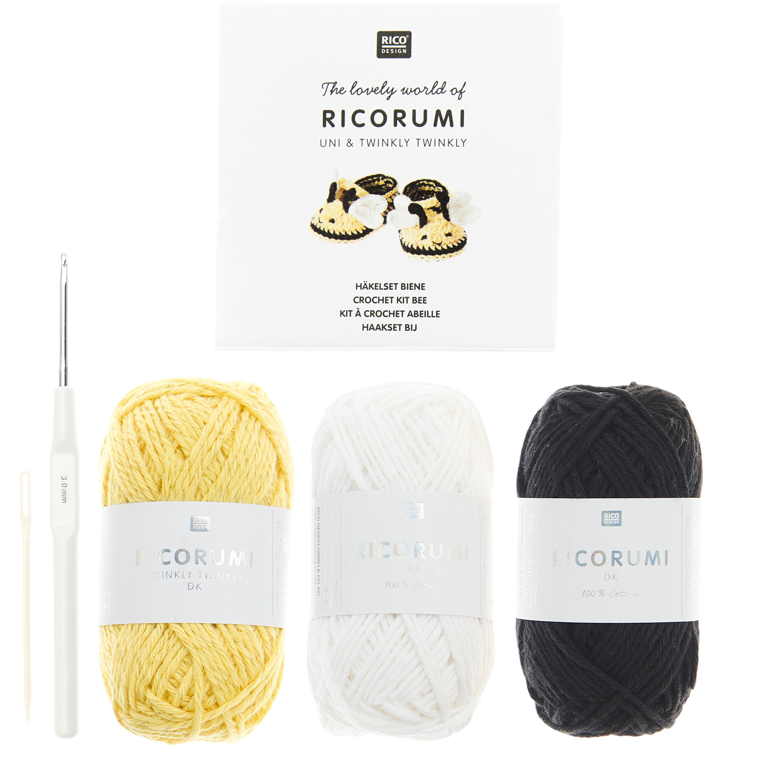 Ricorumi Häkelset Baby Booties Biene mit gelber, weißer und schwarzer Wolle von Rico Design, inklusive Häkelnadel.