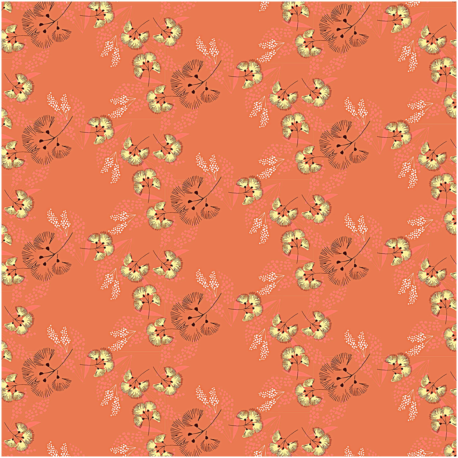 Musselin-Druckstoff Jardin Japonais mit floralen Mustern auf rostrotem Hintergrund von Rico Design.